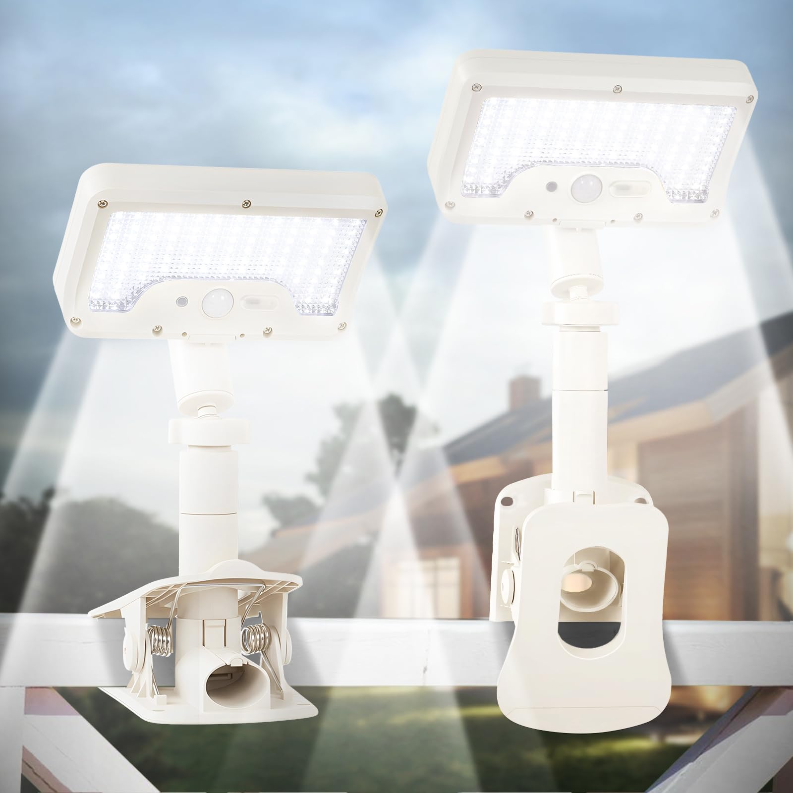 Clip On Solar Lights Outdoor with Motion Sensor  360Rotatable & Vertically Adjustable Solar Fence Lights with 92 LEDs (600 LM  6000 K) IP65 Waterproof Security Light for Deck  Gutter(White  2 Pack)