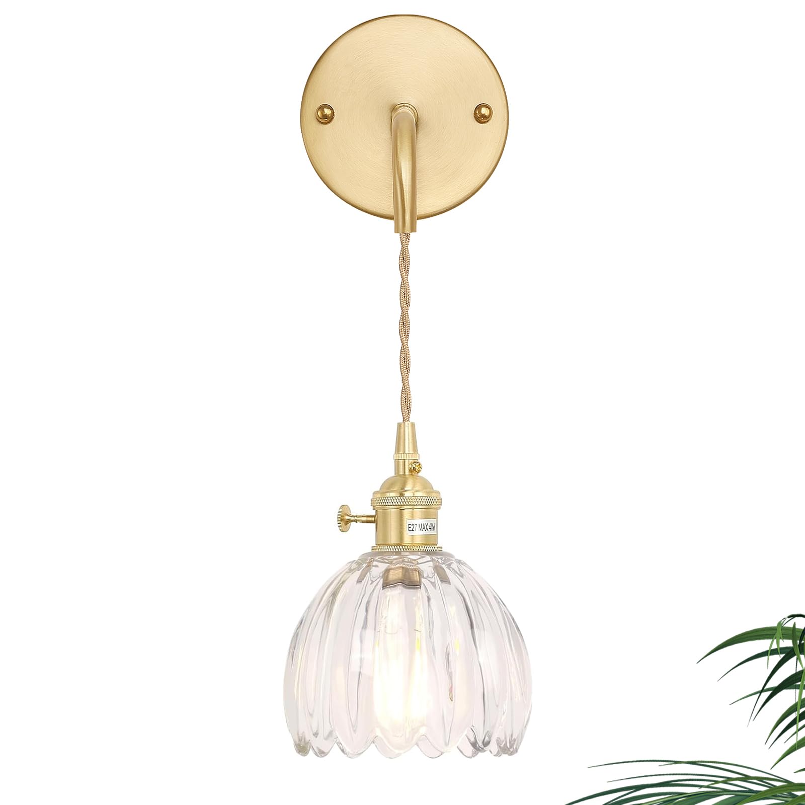 Shenmoyl Vintage Wall Sconce Lamp - Adjustable Chain, Glass Tulip Shade, Hardwired, Clear, Gold Finish