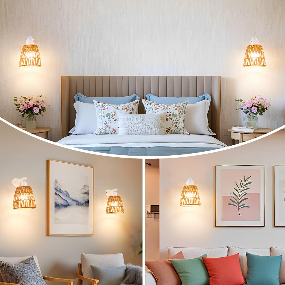 OIYIO Battery Operated Wall Sconce Set of 2, USB Rechargeable Rattan Lighting, White, 6.3in, Remote Control, RGB Color Modes