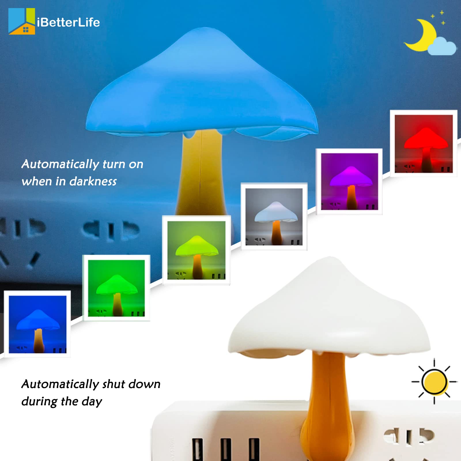 Ibetterlife Mushroom Sensor Led Night Light - Plug-In 7 Color Changing Mushroom Lamp, Mini Dream Bed Cute Colourful Nightlight F