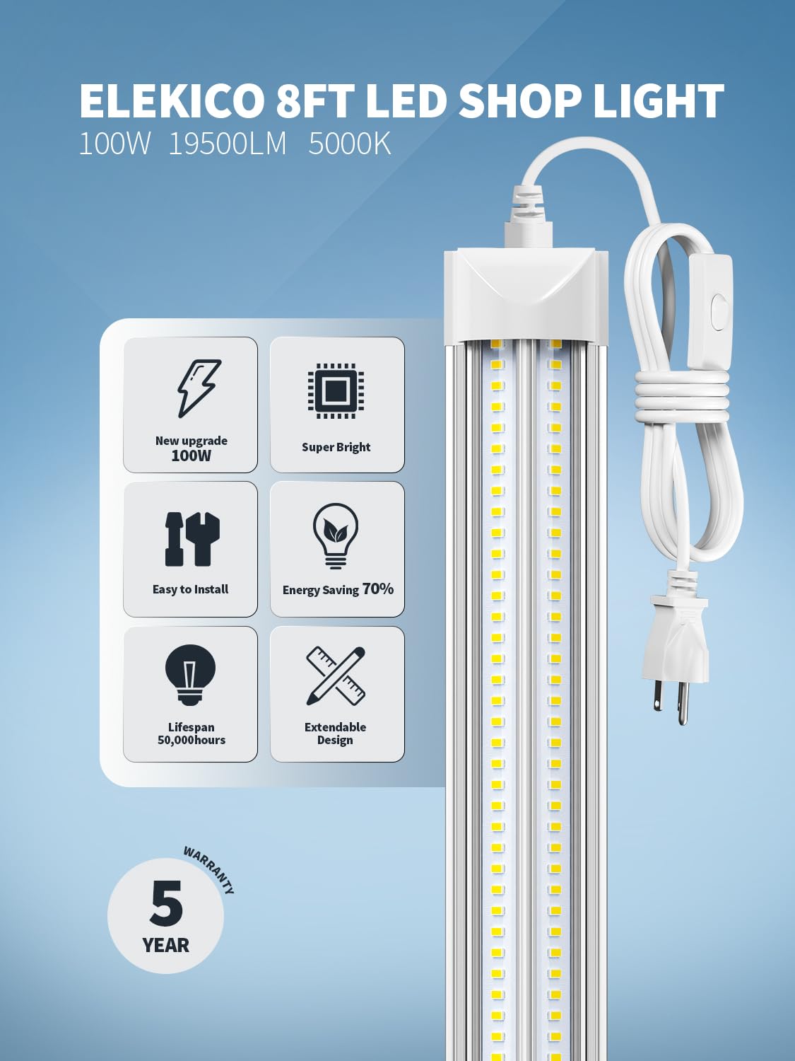 Elekico 8' Led Shop Lights,Super Bright 19500Lm 100W 5000K 8Ft Led Shop Light For Garage,Linkable 8Ft Led Garage Ceiling Lights