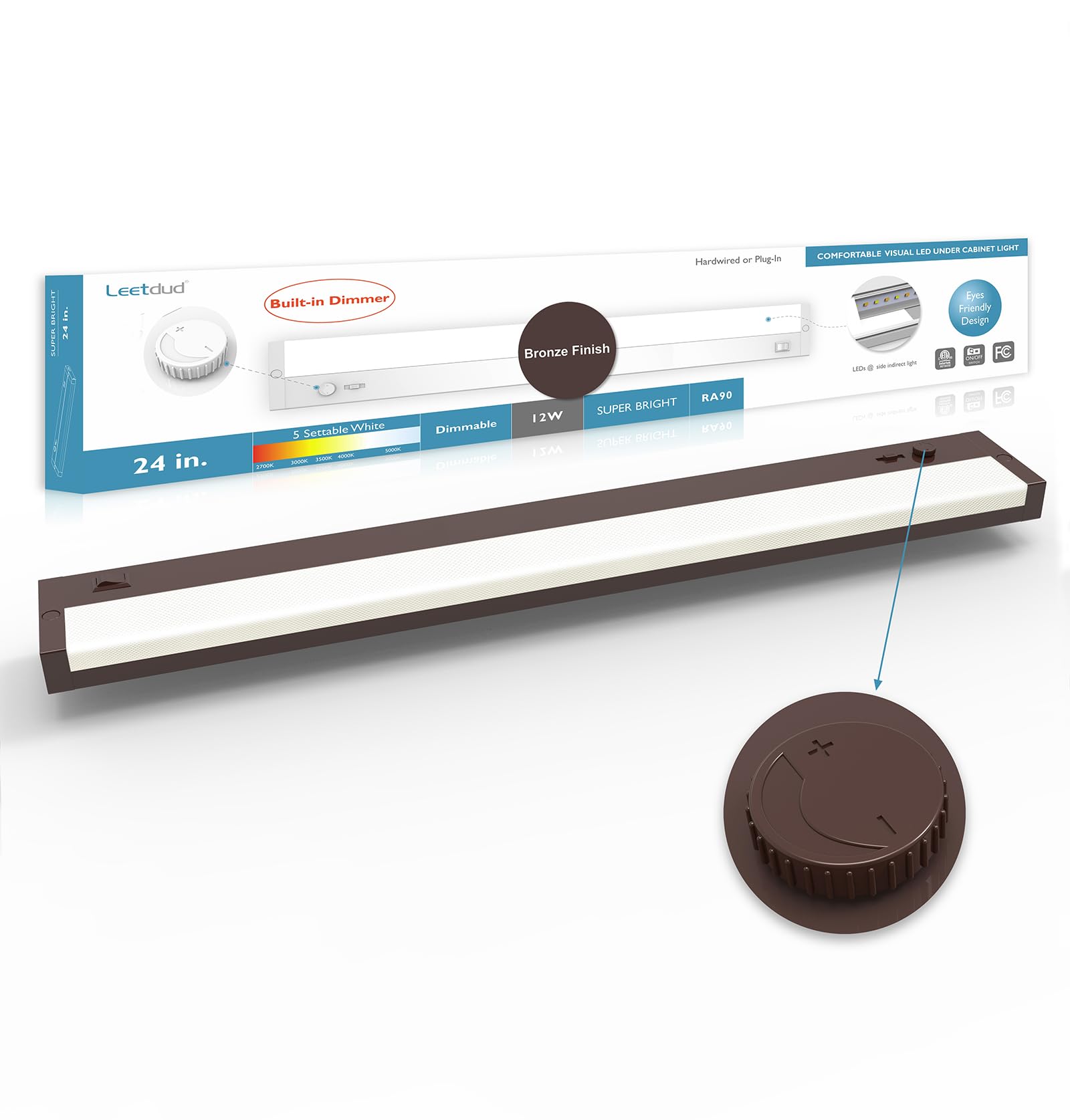 Leetdud LED Under Cabinet Lighting, 24 Inch, 12W Dimmable, 5 Color Options, Bronze, Model AirKitPro-2412WU-PWM-TC-BR