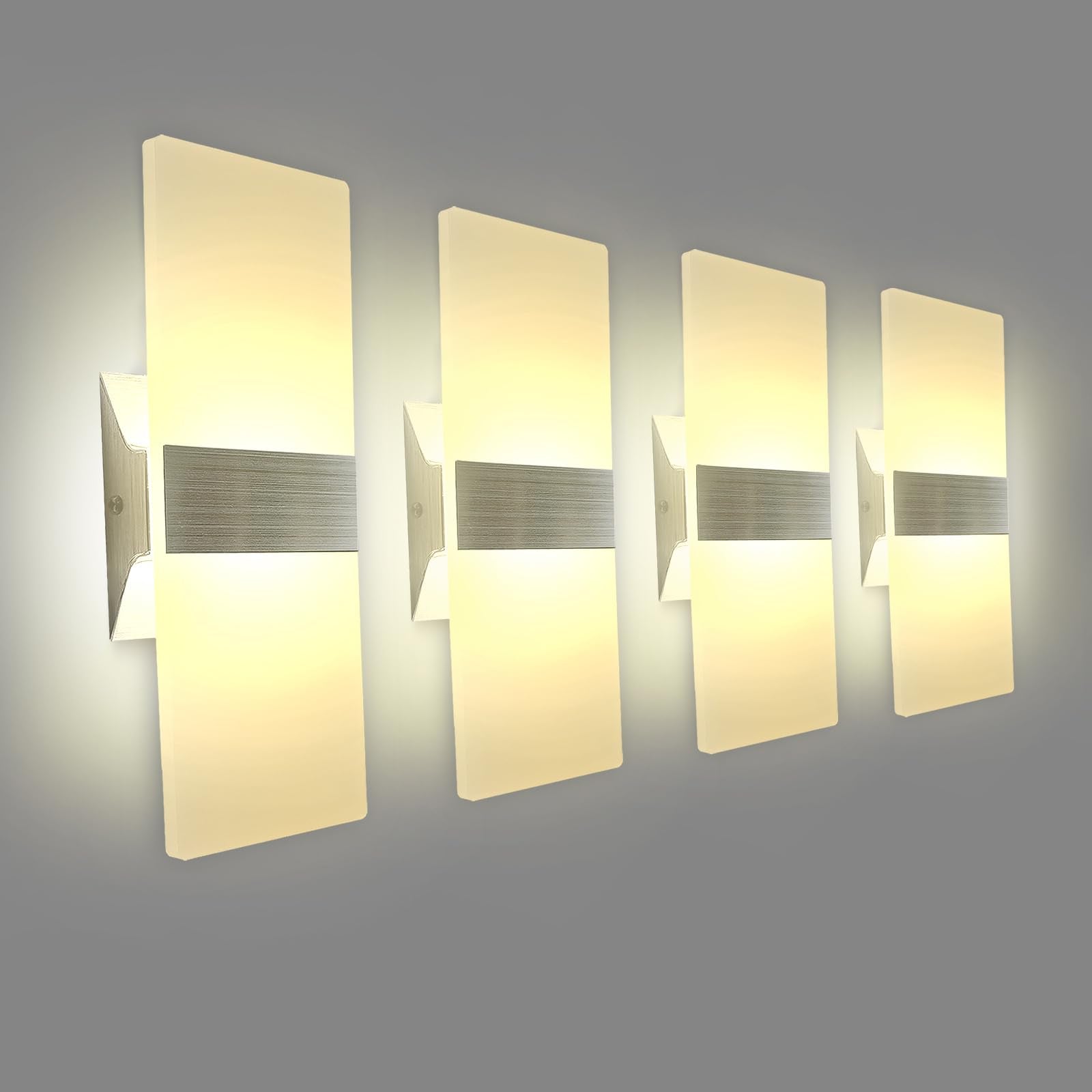 KICAAO Modern Wall Sconces, LED Up Downlight, Acrylic, 10W, Warm White 2700K, Model MD-MI-008, 4-Pack