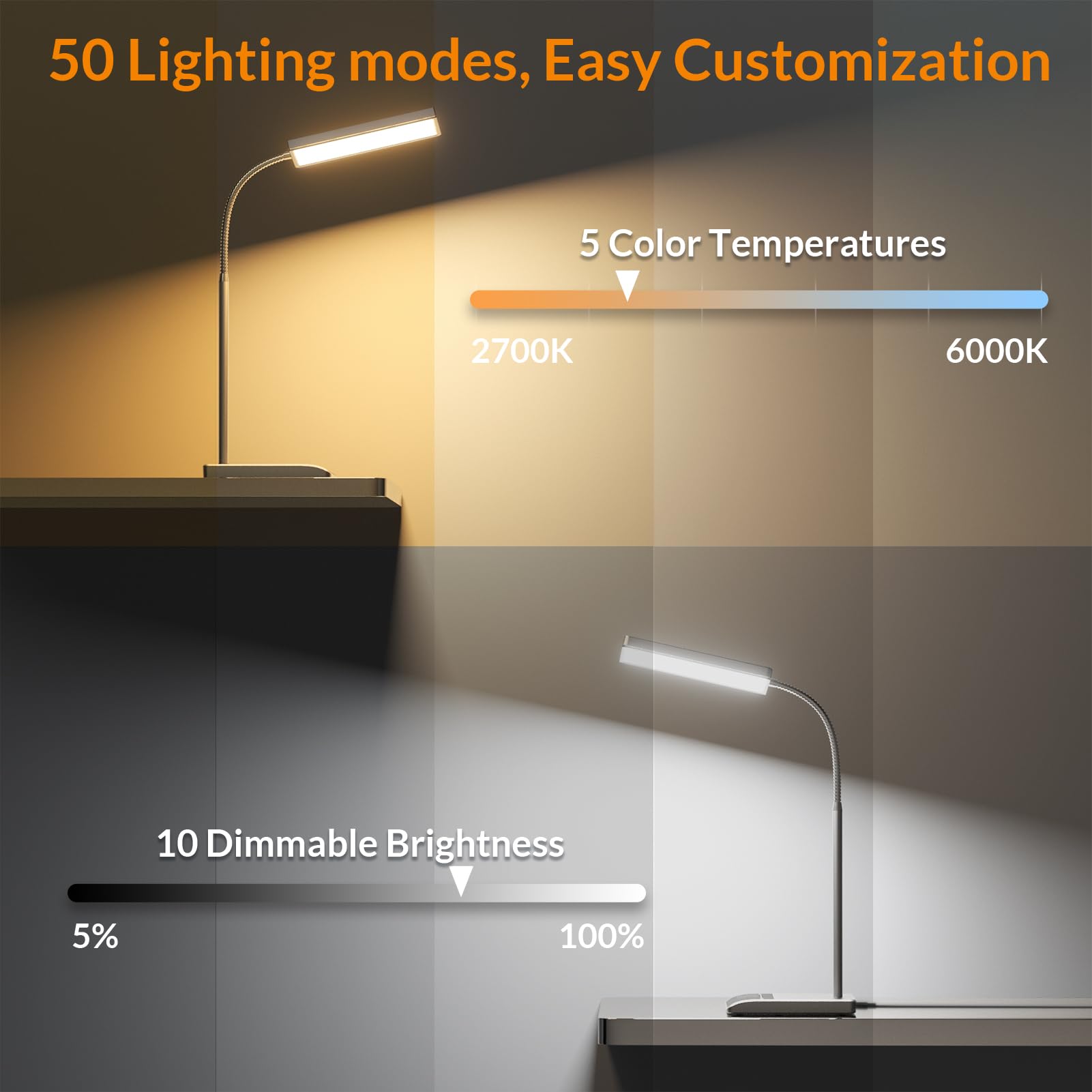 LEPOWER Desk Lamp, 800LM LED Touch Gooseneck Light, 12W Eye-Caring, 50 Modes, Grey, Model DL-13
