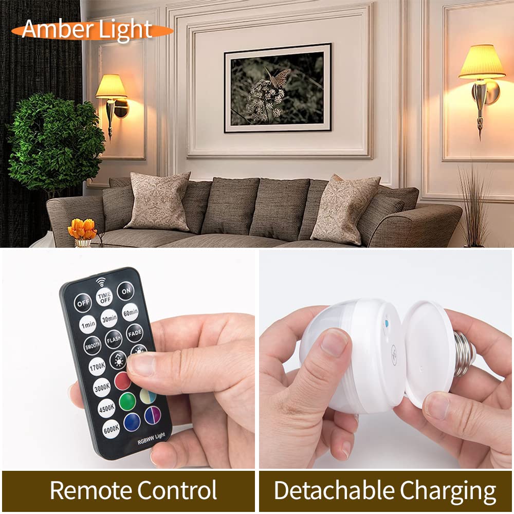 BLUEYE E12 Rechargeable Light Bulb - 2 Packs, 300LM, 40W Equivalent, Remote Control, 4 Color Temperatures, White, Model LB23401