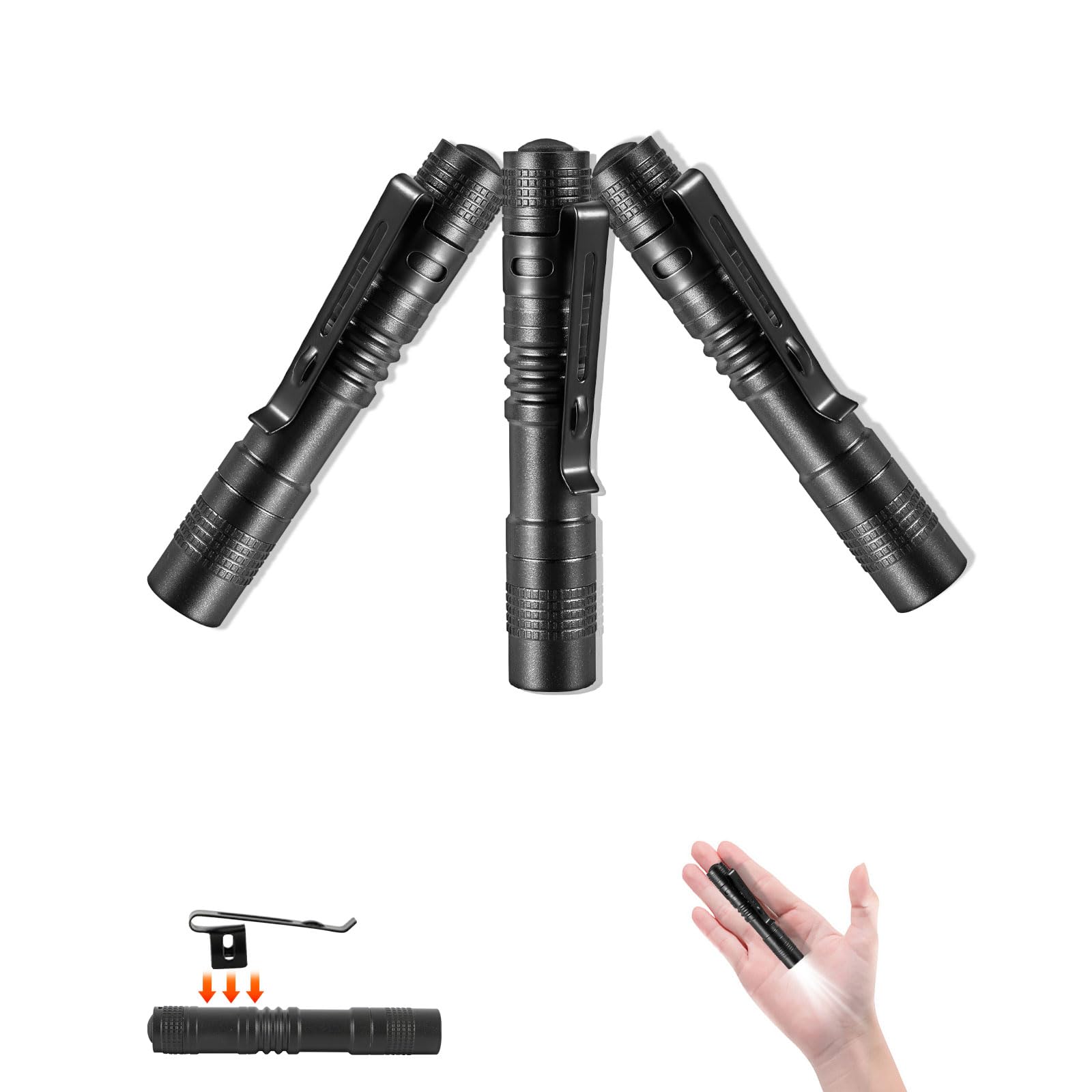Tileon Mini Flashlight, 3PCS Waterproof LED Pocket Light, Aluminum, Black, Model NBT-001