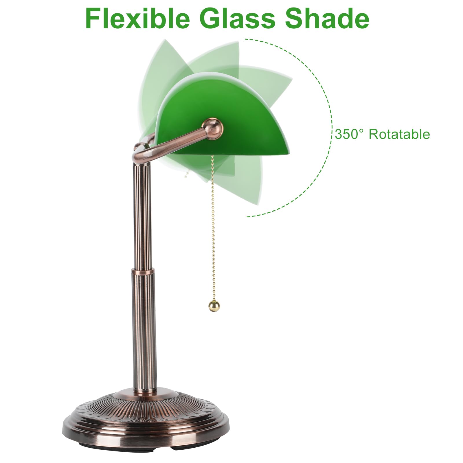 LINNMON Vintage Bankers Desk Lamp, Copper+Green, Iron, Model LT248800, Retro Style with Pull Chain Switch for Home Office