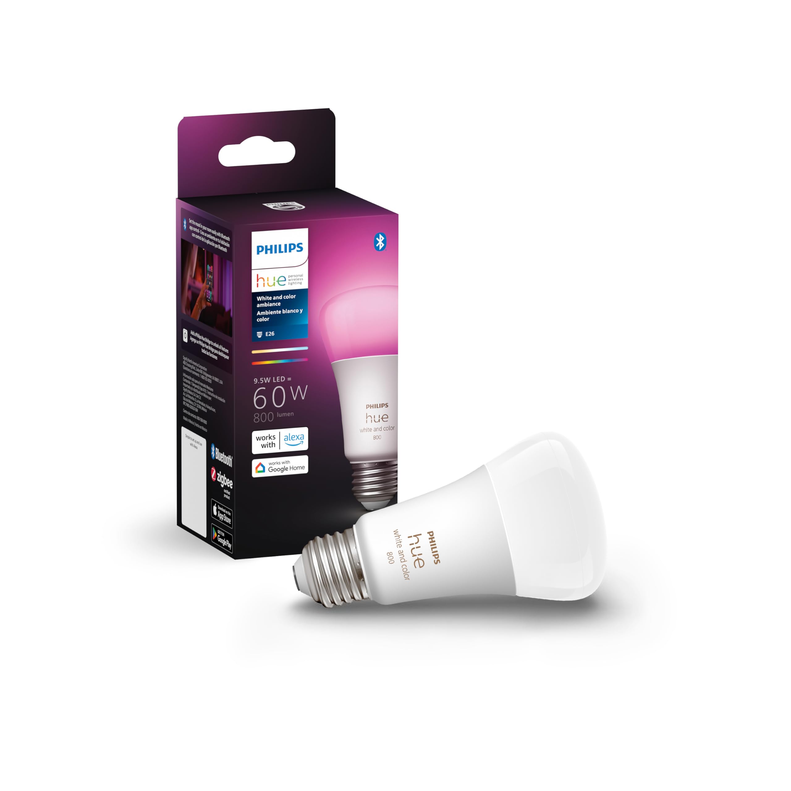 Philips Hue Smart 60W A19 LED Bulb - White and Color Ambiance Color-Changing Light - 1 Pack - 800LM - E26 - Indoor - Control wit