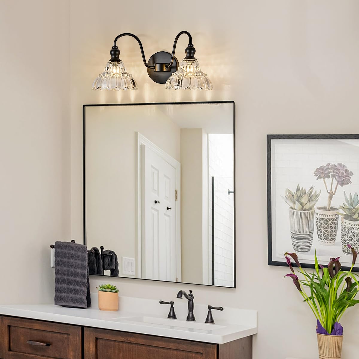 Tlolgt 2-Light Modern Wall Sconce Black Wall Light Fixtures Made Of Metal Body And Pressed Patterned Glass With Unique Design Vanity Light For Bedroom, Bathroom, Doorway, Farmhouse