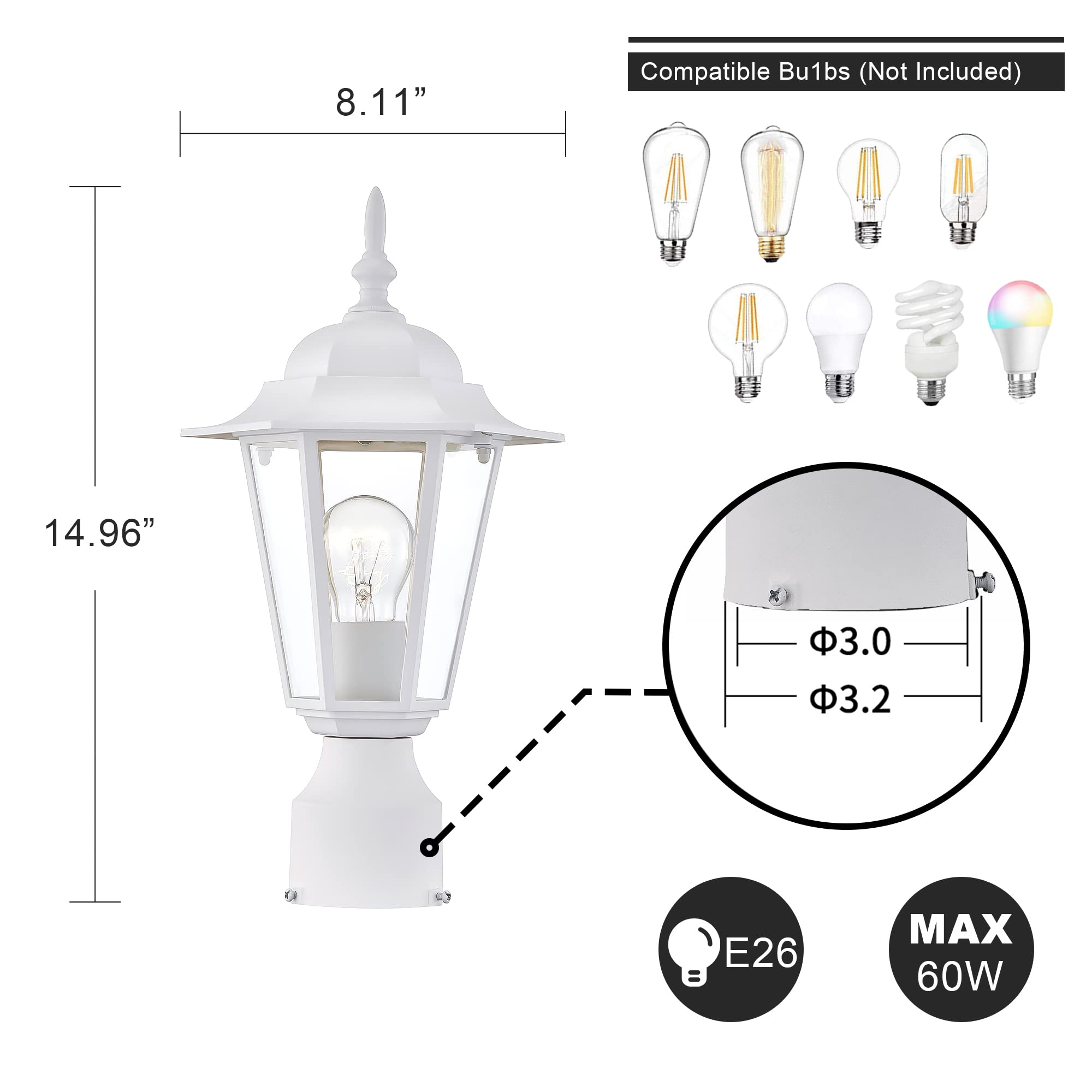 Outdoor Post Lights, Lamp Post Light Fixture With E26 Socket, White Exterior Post Lantern With Clear Glass Shade, Pillar Outside