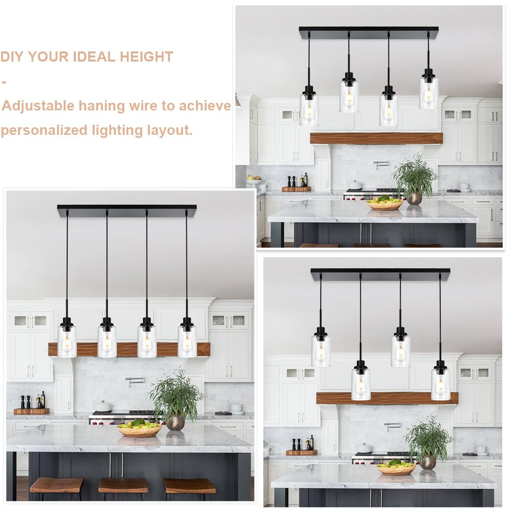 Winshen Black Pendant Light Fixtures With Clear Glass, 4-Lights Adjustable Height Hanging Ceiling Lights, Kitchen Island Lightin