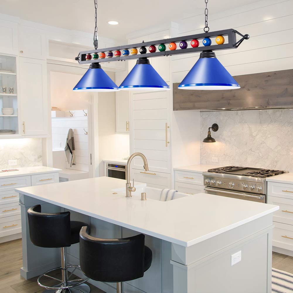 Wellmet 59'' Hanging Pool Table Light Fixture For Game Room Beer Party, Ball Design Metal Billiards Light With 3 Lamp Shades, Su