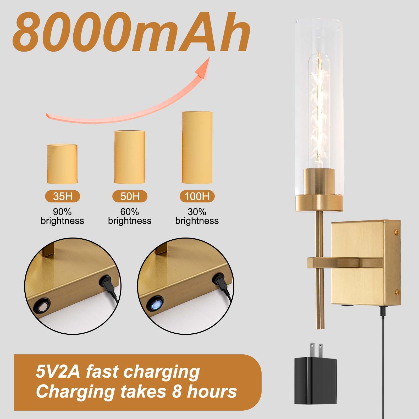 Loiogohot Battery Operated Wall Sconce, 8000mAh, Dimmable, Dual Color Temperature, Gold-Two Color, Model WL-BN2426-GD-Two