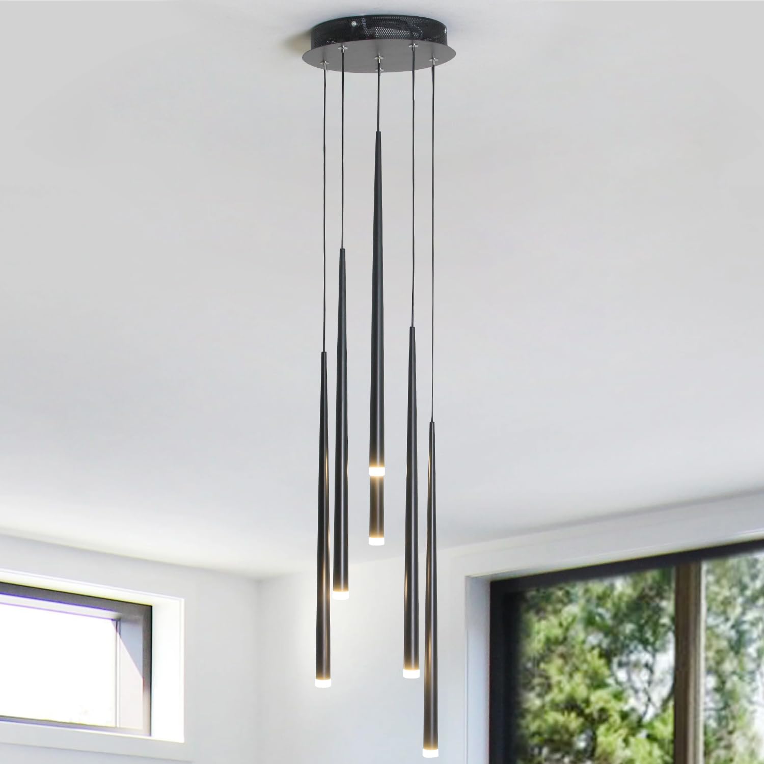 umeiluce Modern Chandelier 6 Lights LED Hanging Pendant Ceiling Fixture Switch Dimmable Metal Black for Living Dining Room Powde