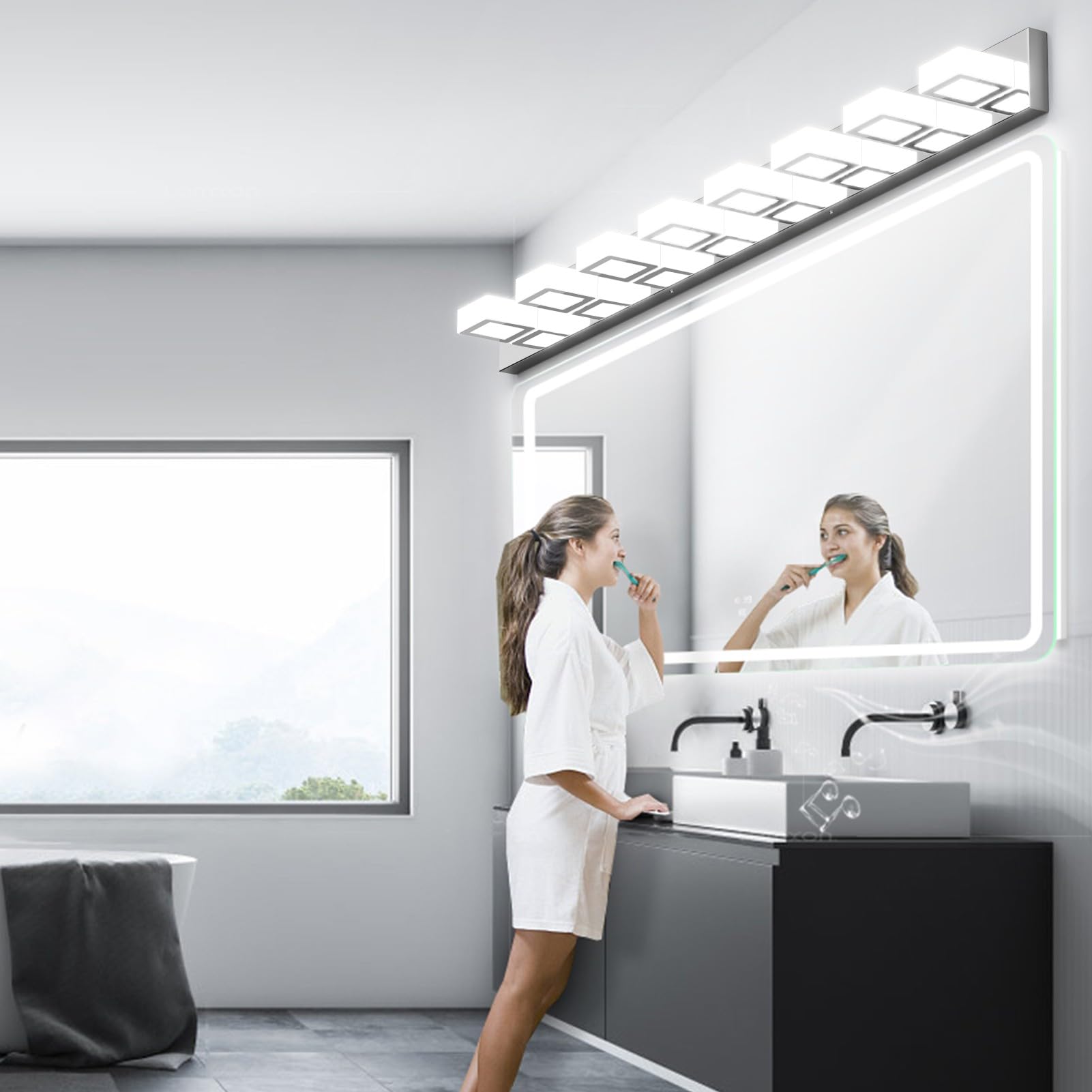 Ralbay 52in Chrome LED Vanity Light Fixture, 8 Lights, Acrylic & Stainless Steel, Model 8590, Modern Bathroom Lighting Over Mirror
