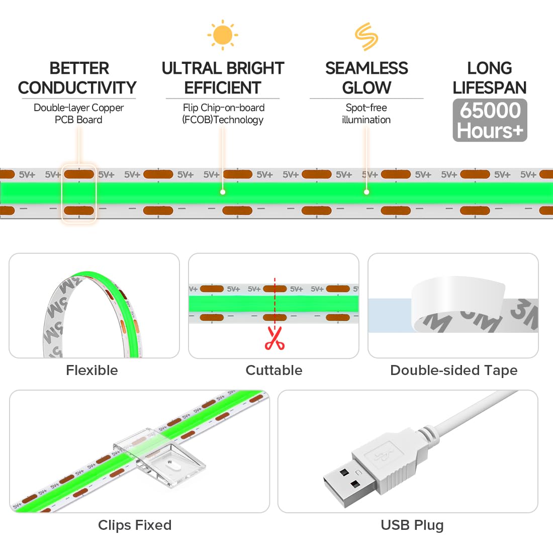 Btf-Lighting Fcob Usb Powered Green Color Cob Led Strip Lights 3.28Ft 320Leds 5V 8Mm Width 90+ High Cri Ultra Bright Flexible Light For 3D Printer Tv Backlight Display Cabinet Pc Diy Decor