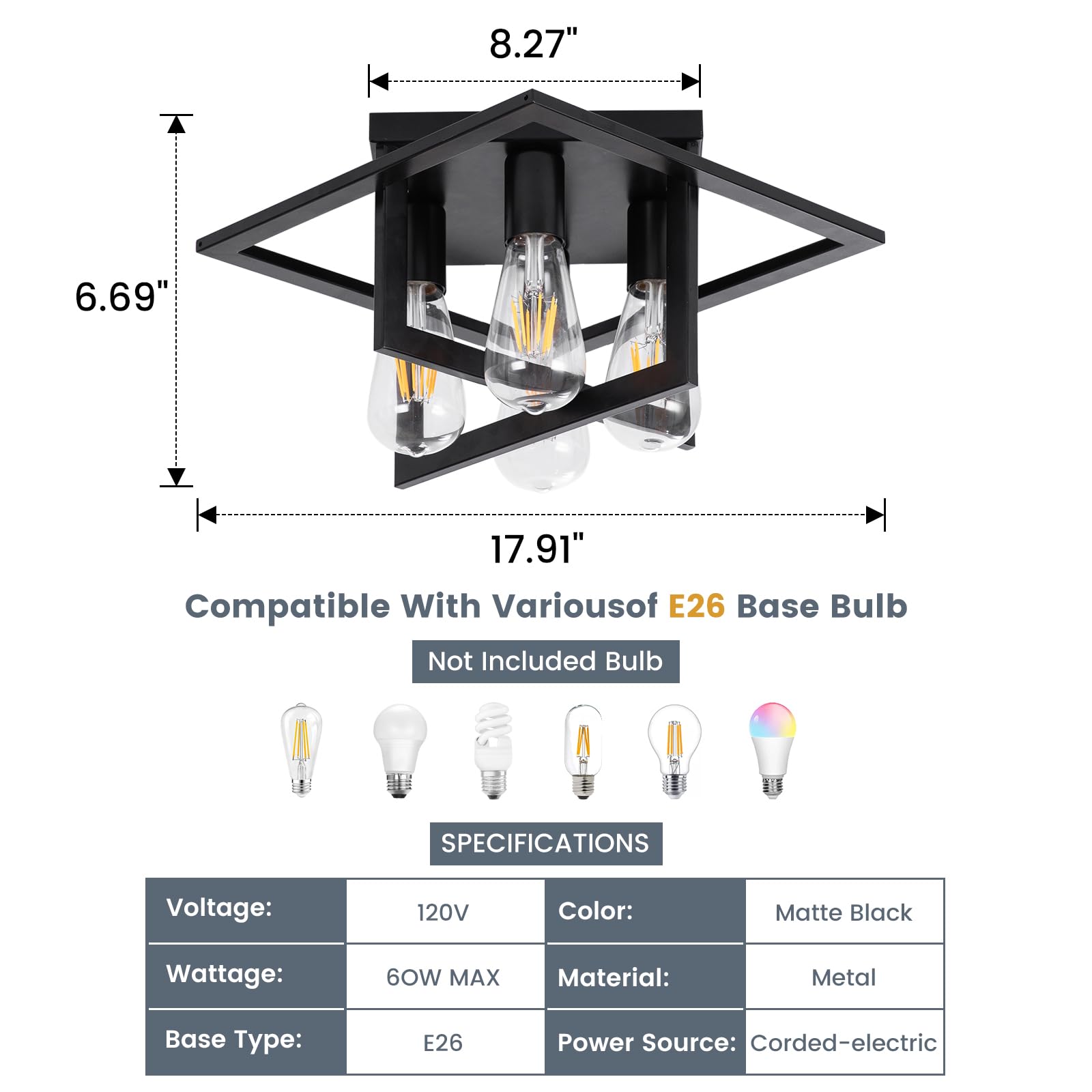Fengkedu Industrial Farmhouse Ceiling Light Fixture 4-Light Matte Black Flush Mount With Geometric Cage Design - E26 Base For Ki