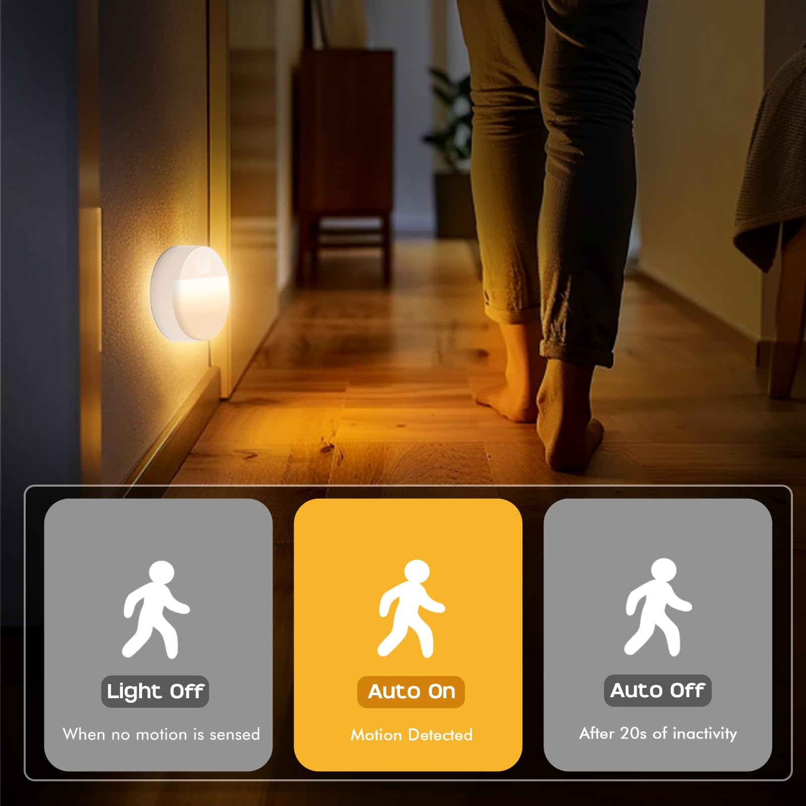Guankai 12 Pack Motion Sensor Stair Lights, Battery Operated LED Puck Lights, White Plastic, Ideal for Indoor Steps, Cabinets, Hallways