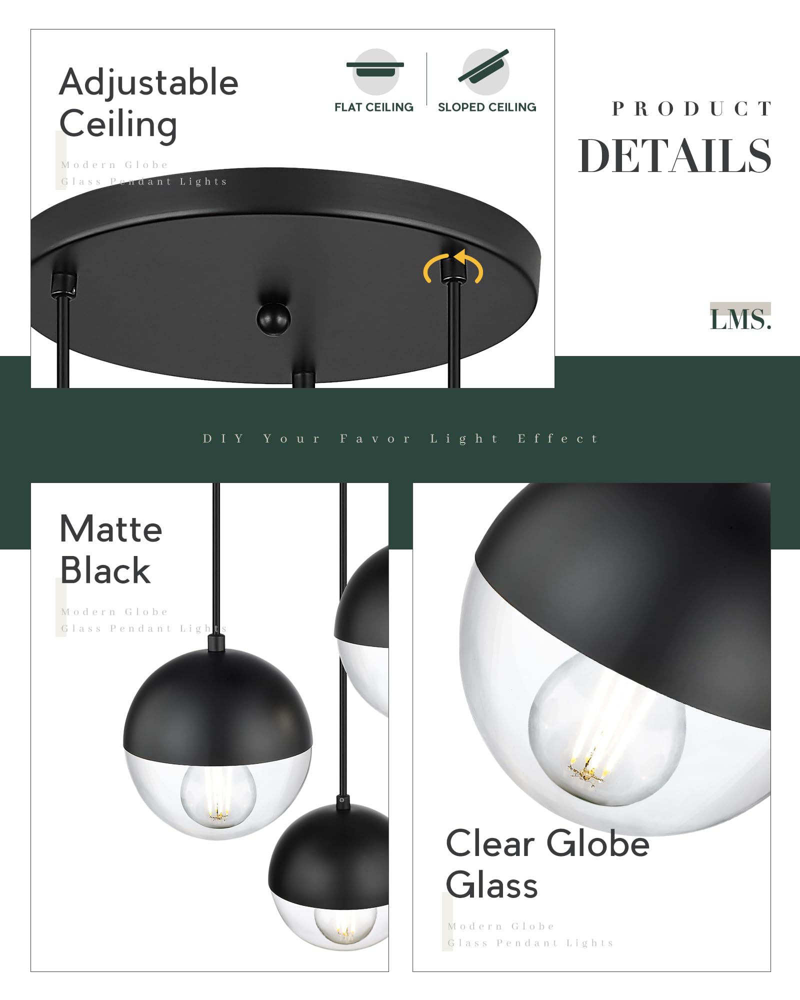 Lms Modern 3-Light Cluster Pendant Lights, Matte Black Kitchen Island Light Fixtures With Clear Globe Glass Shade, Adjustable Ha