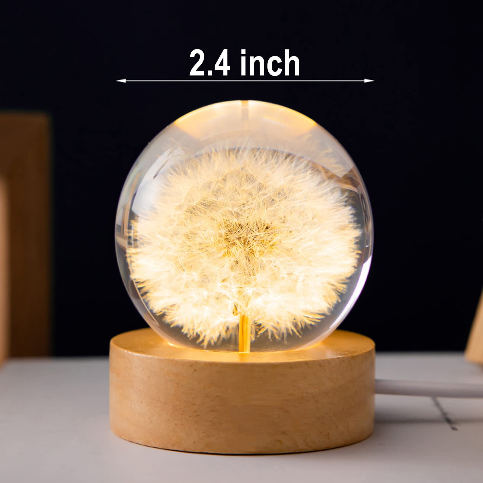 Marzius Flower Crystal Ball Night Light,2.4 Inch Glass Ball Night Lamp With Woodern Base,Decorations Gifts For Men,Women,Kids,Bo