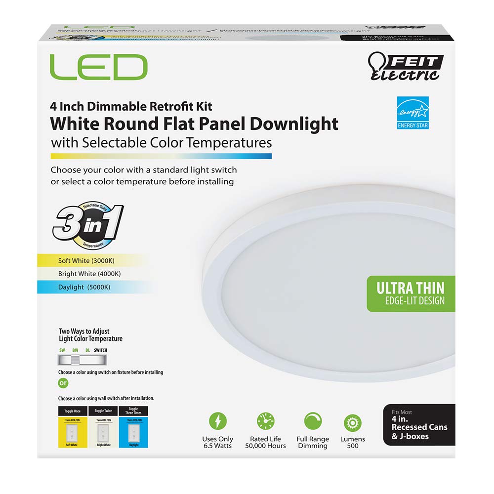 Feit Electric LED Recessed Ceiling Light, 4 in Round, Color Selectable 3000K/4000K/5000K, Model 74202/CA, Aluminum
