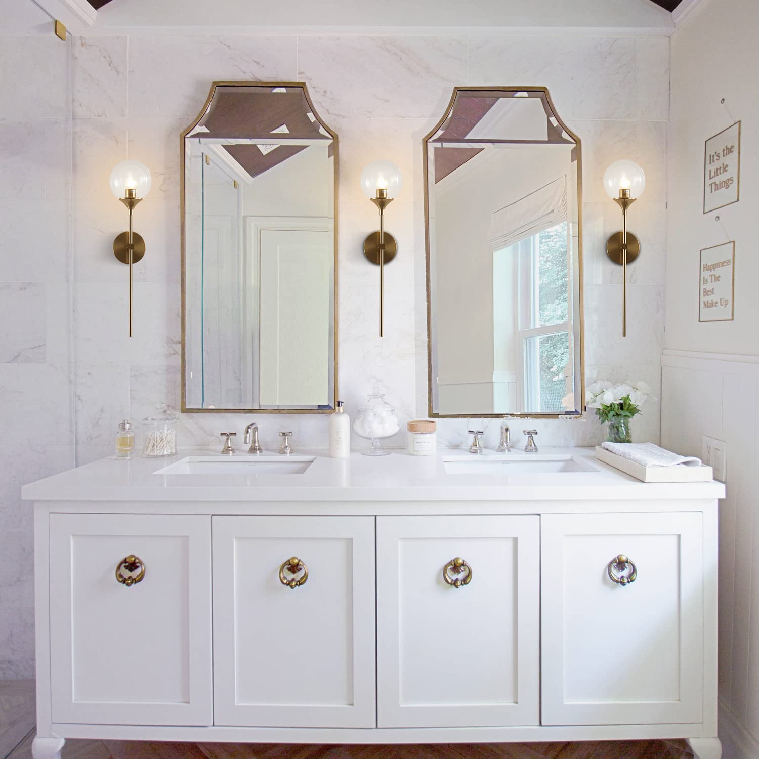 KCO Lighting Vanity Wall Sconce - Clear Bubble Glass, Brushed Brass, Modern Globe Design, Mid Century Style, Model: bc354165