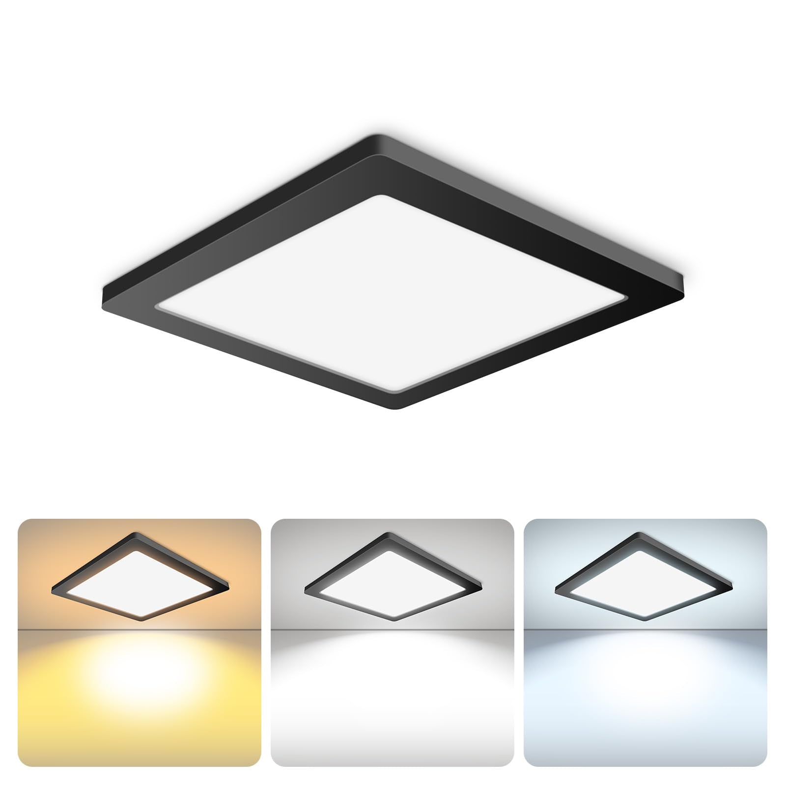 Mw 9 Inch Square Black Ceiling Light, 18W, 120V, 3000K/4000K/5000K Adjustable, Dimmable Slim Led Ceiling Light, Low Profile Whit