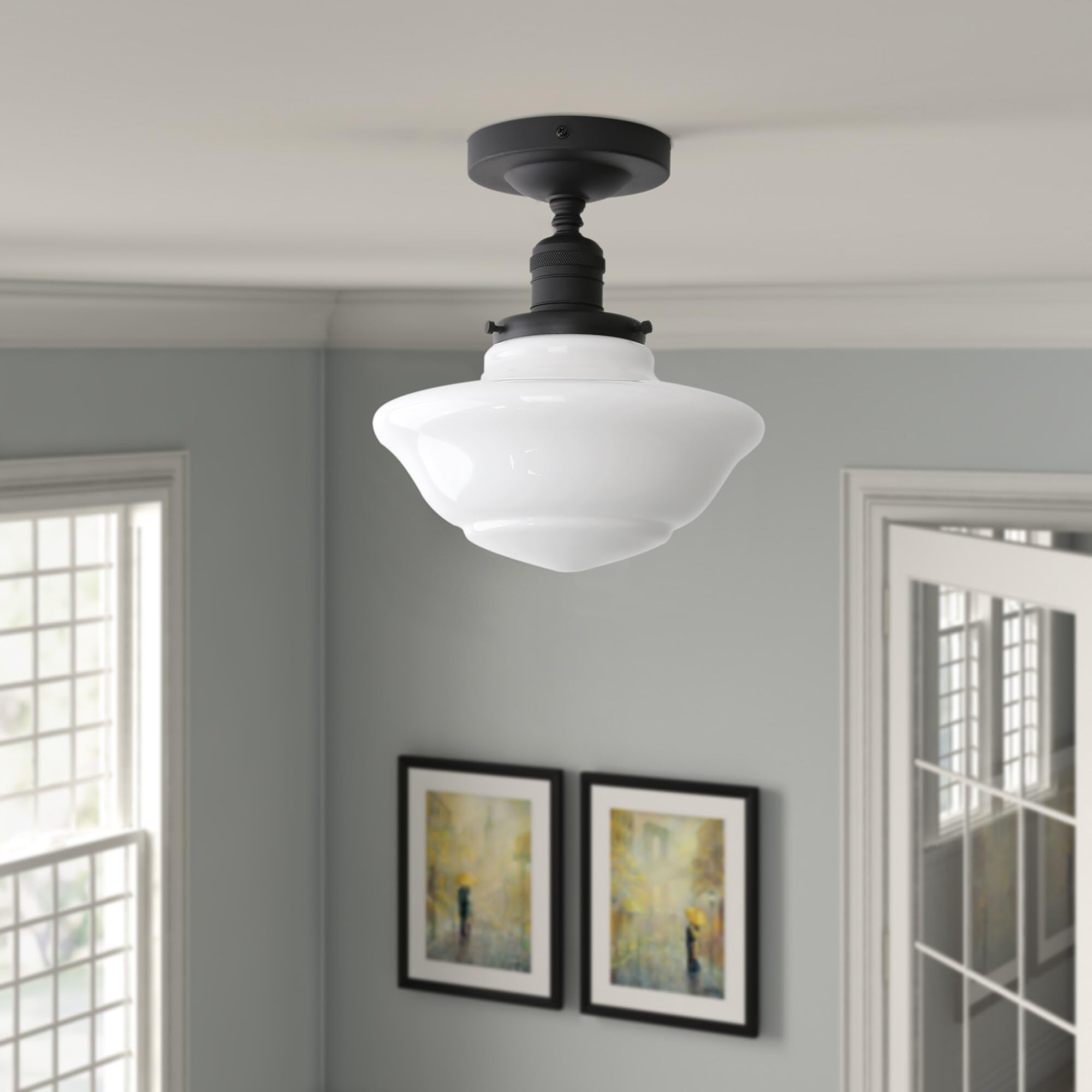 Pathson Vintage Flush Mounted Ceiling Lighting With Milk White Glass Shade, Mid-Century Style Ceiling Light Fixture For Hallway