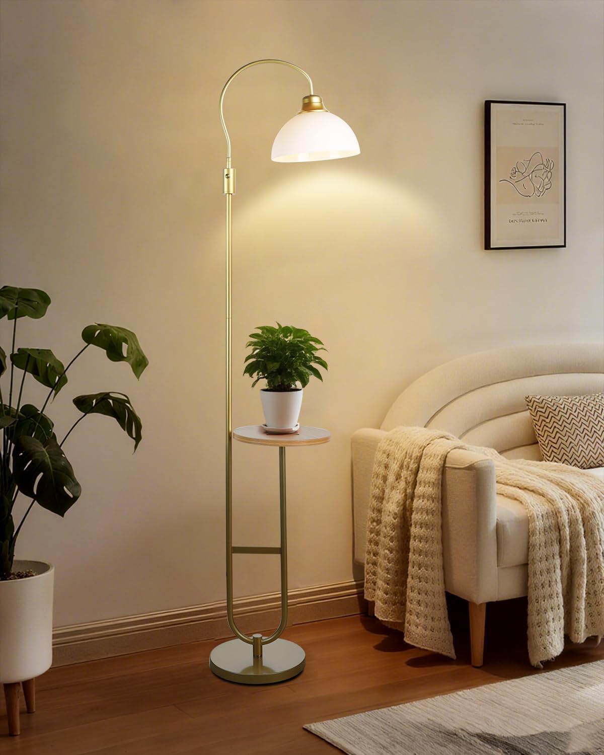 Lightdot 68IN Floor Lamp with Table, Mid Century Modern Standing Lamps Storage Shelf Floor Lamps with Bulbs Included, Gold Pole 