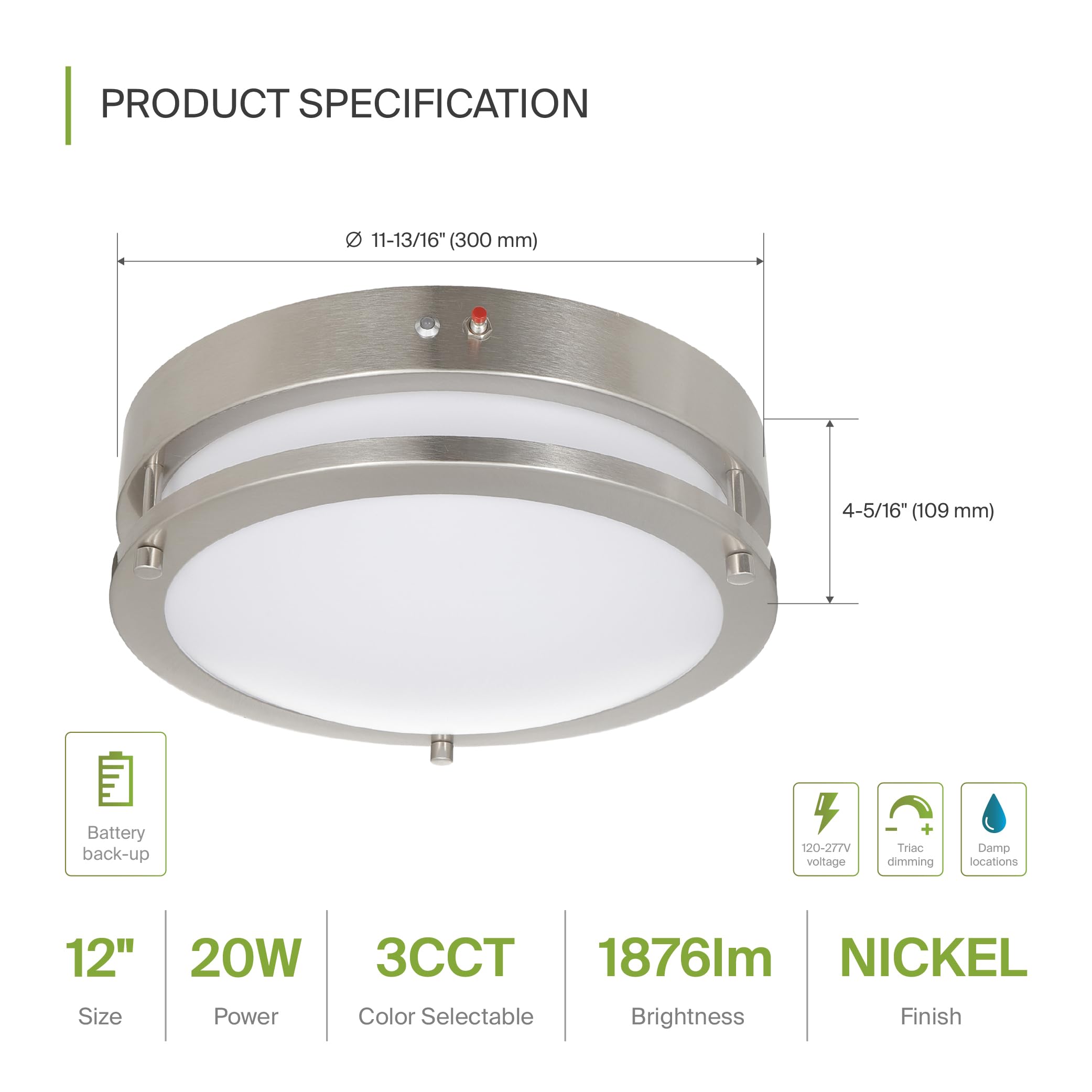 Asd Led 12 Inch Round Flush Mount Light Fixture | 20W 1850Lm 3000K-5000K 100-277V | 3Cct, Dimmable, Battery Backup, Etl Listed |