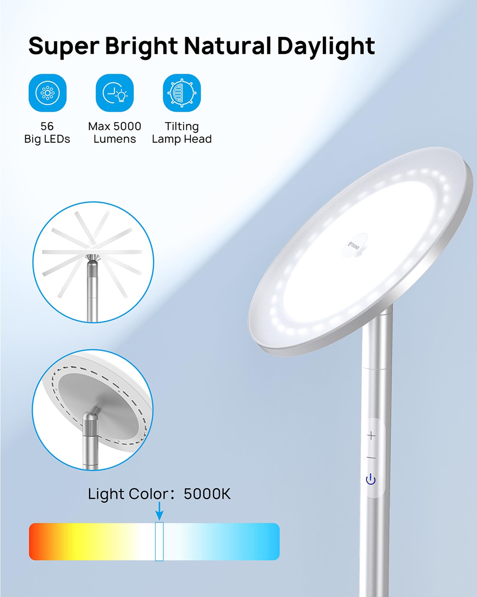 TROND LED Torchiere Floor Lamp, Dimmable 71" Adjustable Height, 5500K Daylight Silver, Compatible with Wall Switch, Model Halo X