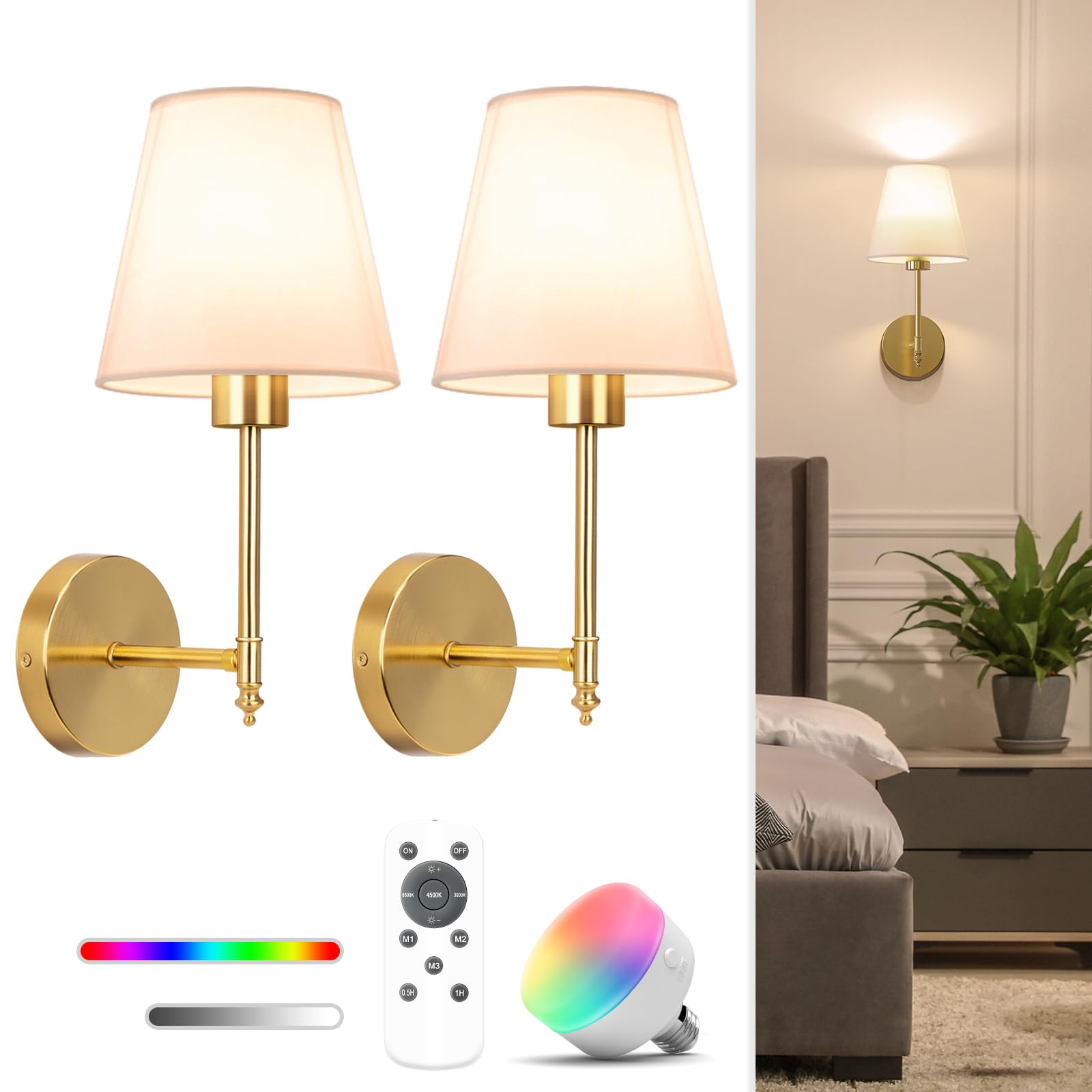 NIORSUN Wall Sconce Set of 2, 14.5in Gold Metal Lights, Rechargeable 5200mAh Bulbs, Dimmable, Remote, 9 Colors, Model