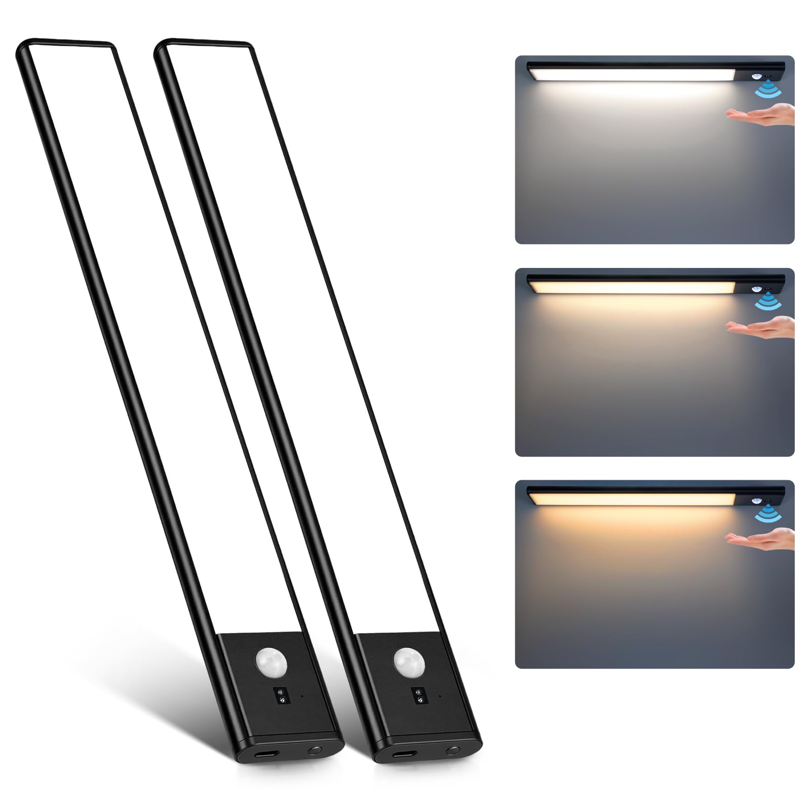 80 LED Motion Sensor Under Cabinet Lights with Hand Wave  3 Color Temps Indoor Dimmable Closet Light  Rechargeable Wireless Magnetic Band Night Lights for Hallway  Stairway  Wardrobe(2 Pack  12 inch)