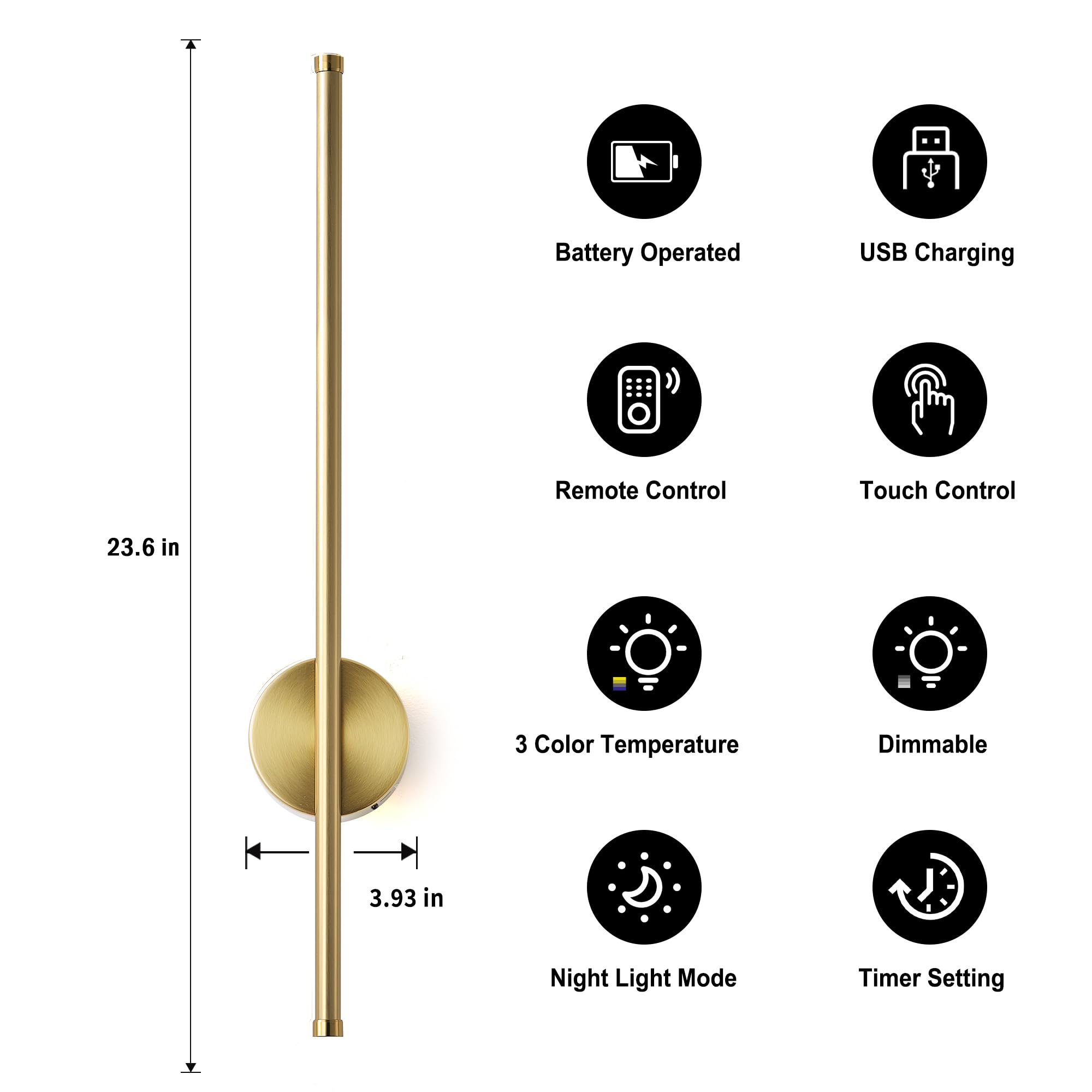 KARTOOSH Battery Operated Wall Sconces, Dimmable, 3 Color Temperatures, 23.6 Inch, Brass, Model ZM322BBS60, Set of Two