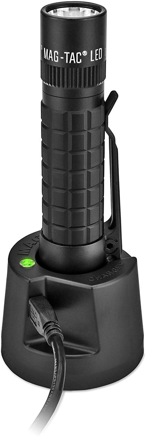 MagLite Mag-Tac LED Rechargeable Flashlight - Matte Black, Model TRM1RE4, Plain-Bezel, Durable Iron Construction