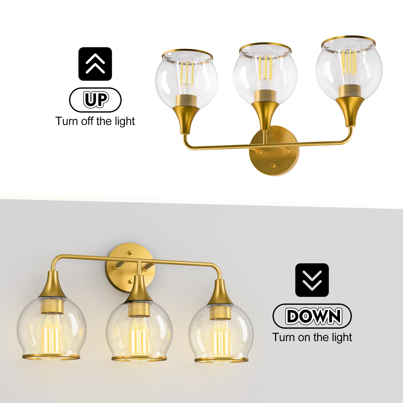 Lightania Bathroom Light Fixtures, 3-Light Vanity Lights with Clear Globe Glass Shade, Modern Gold Bathroom Vanity Light, Bathro