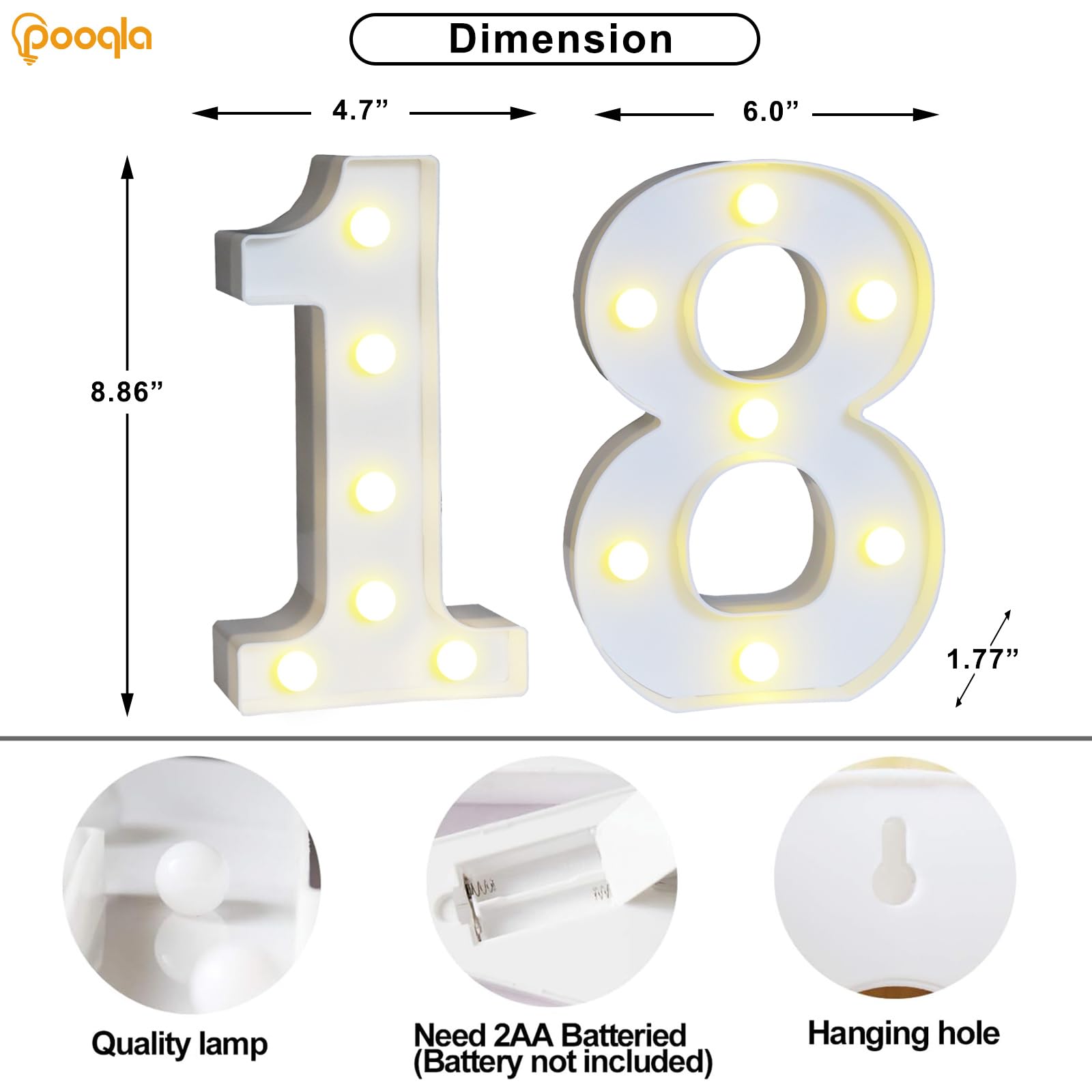Pooqla LED Light Up Number 18 Sign for Birthday Decor, Plastic, Cool & Warm White, Model DENC-BP-01