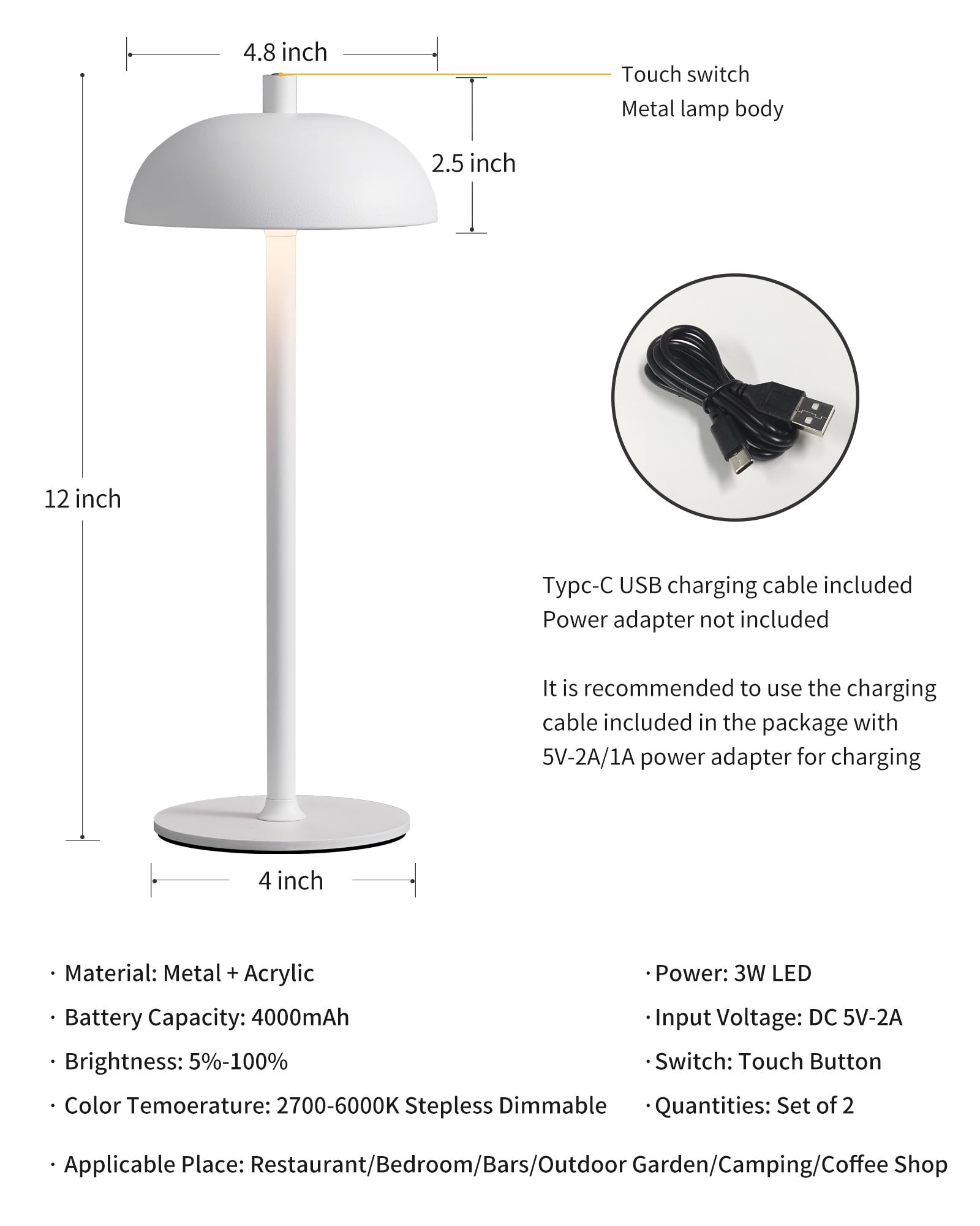 NEWSEE Cordless LED Table Lamps Set of 2, 12in Metal, 3 Color Dimming, Rechargeable, White