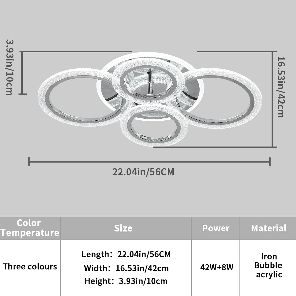 Garwarm Modern Ceiling Light 58W Dimmable LED Chandelier 22 in Acrylic 4-Round Chrome Model TGZL-6003N-300-4