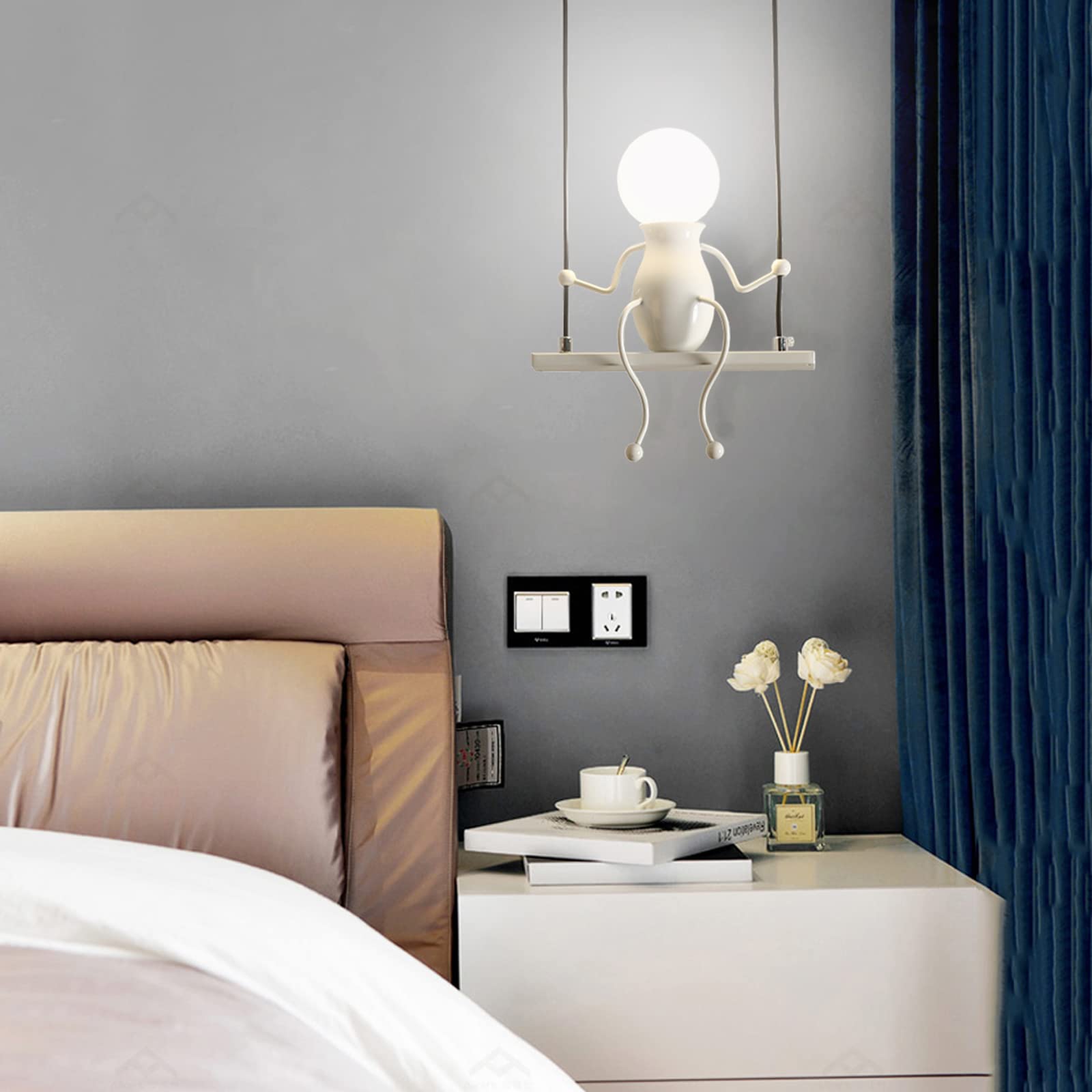 Creative Led Pendant Lighting Modern Little People Ceiling Pendant Light Fixture Adjustable Hanging Lights Kitchen Island Iron Cartoon Doll Chandeliers Bedrooms 1×E26 Baking Paint (White, One)