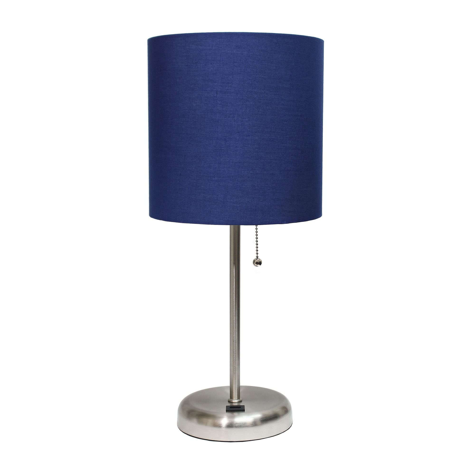 Creekwood Home Oslo 19.5&quot; Contemporary Bedside Usb Port Feature Standard Metal Table Desk Lamp In Brushed Steel With Navy Blue Drum Fabric Shade