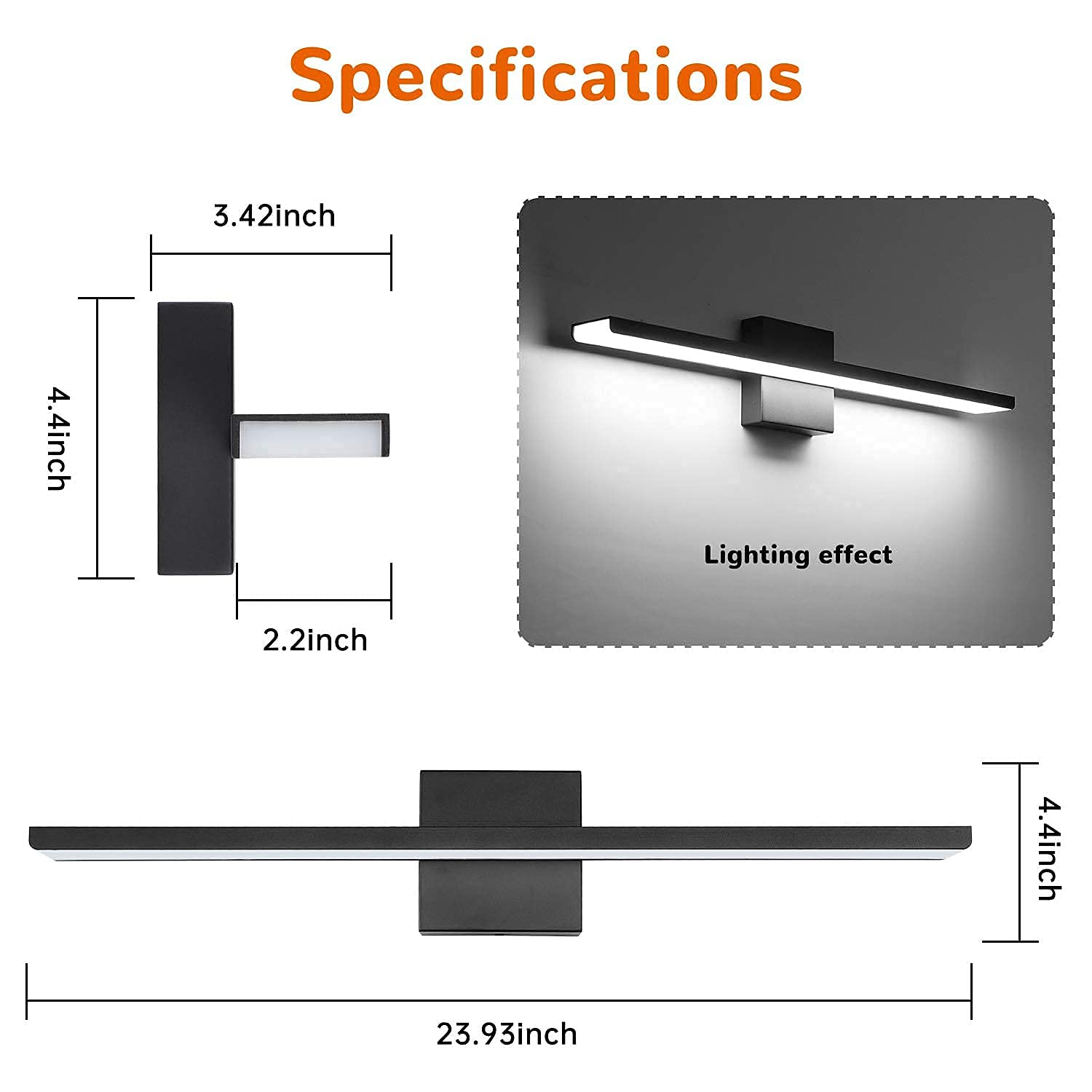 Jusheng 24" Black Dimmable Bathroom Vanity Light Fixture - Aluminum & Stainless Steel, 6000K