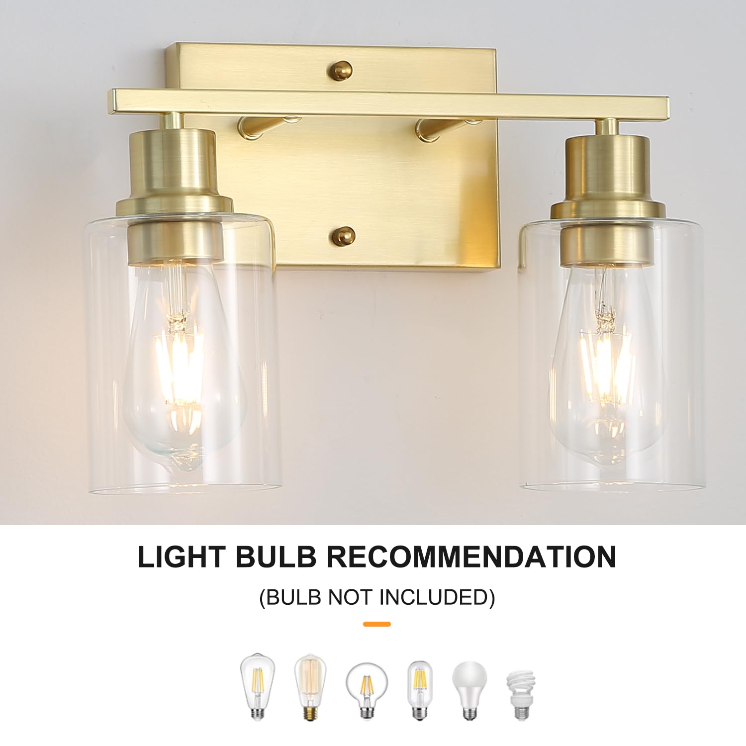 Jodauirt Brass Bedside Wall Sconces Set Of 2, 1-Light Gold Bathroom Vanity Lights Fixtures With Clear Glass Shade, Farmhouse Modern E26 Wall Lamp For Hallway Living Room Bedroom