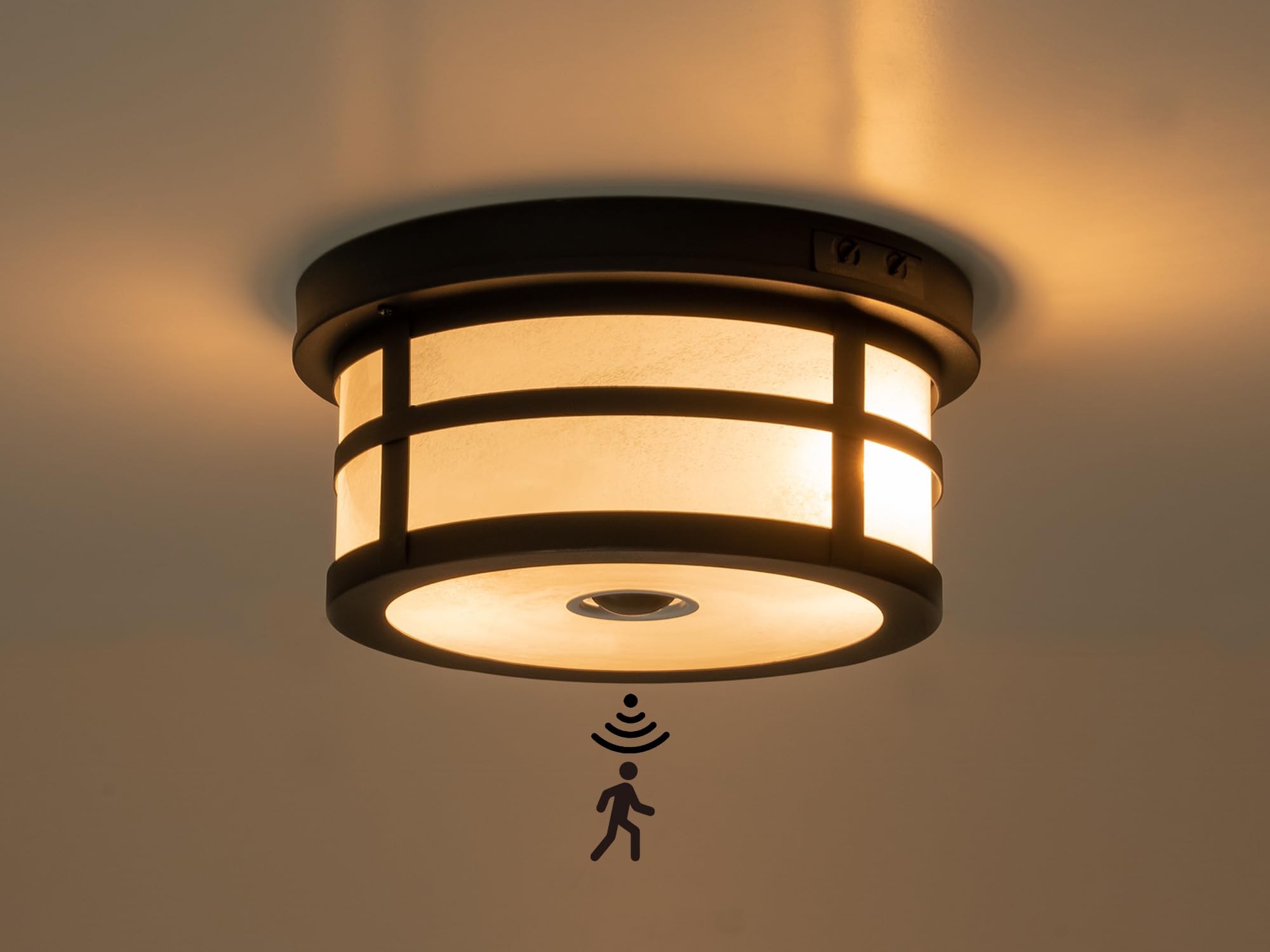 Oupavocs Flush Mount Outdoor Ceiling Light With Motion Sensor, Front Porch Light Ceiling Mount, Adjustable Sensor 2-Light Black 