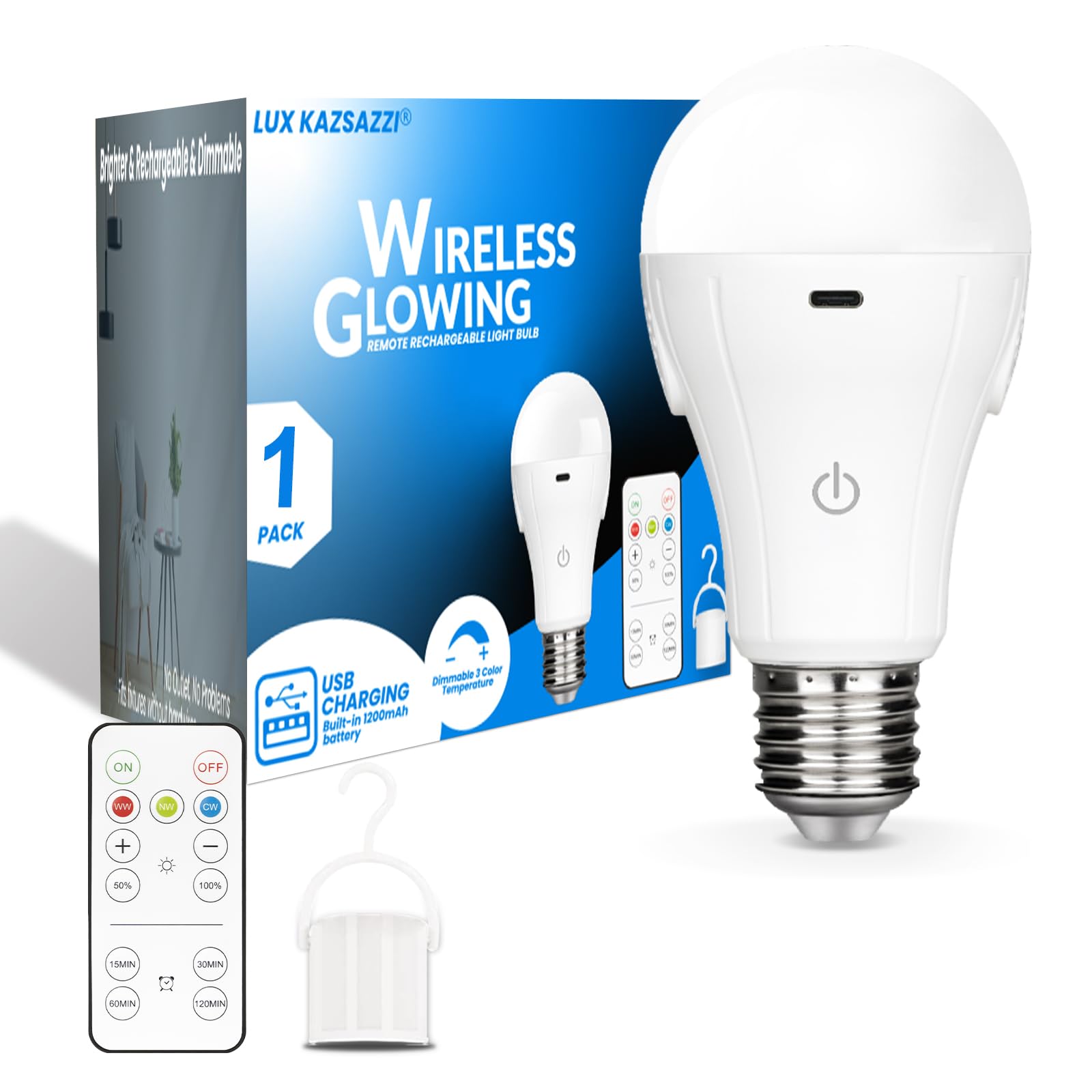 LUXKAZSAZZI WirelessGlow Rechargeable Light Bulb, Dimmable, 3 Color Temperatures, A19, 1 Pack, ABS Material