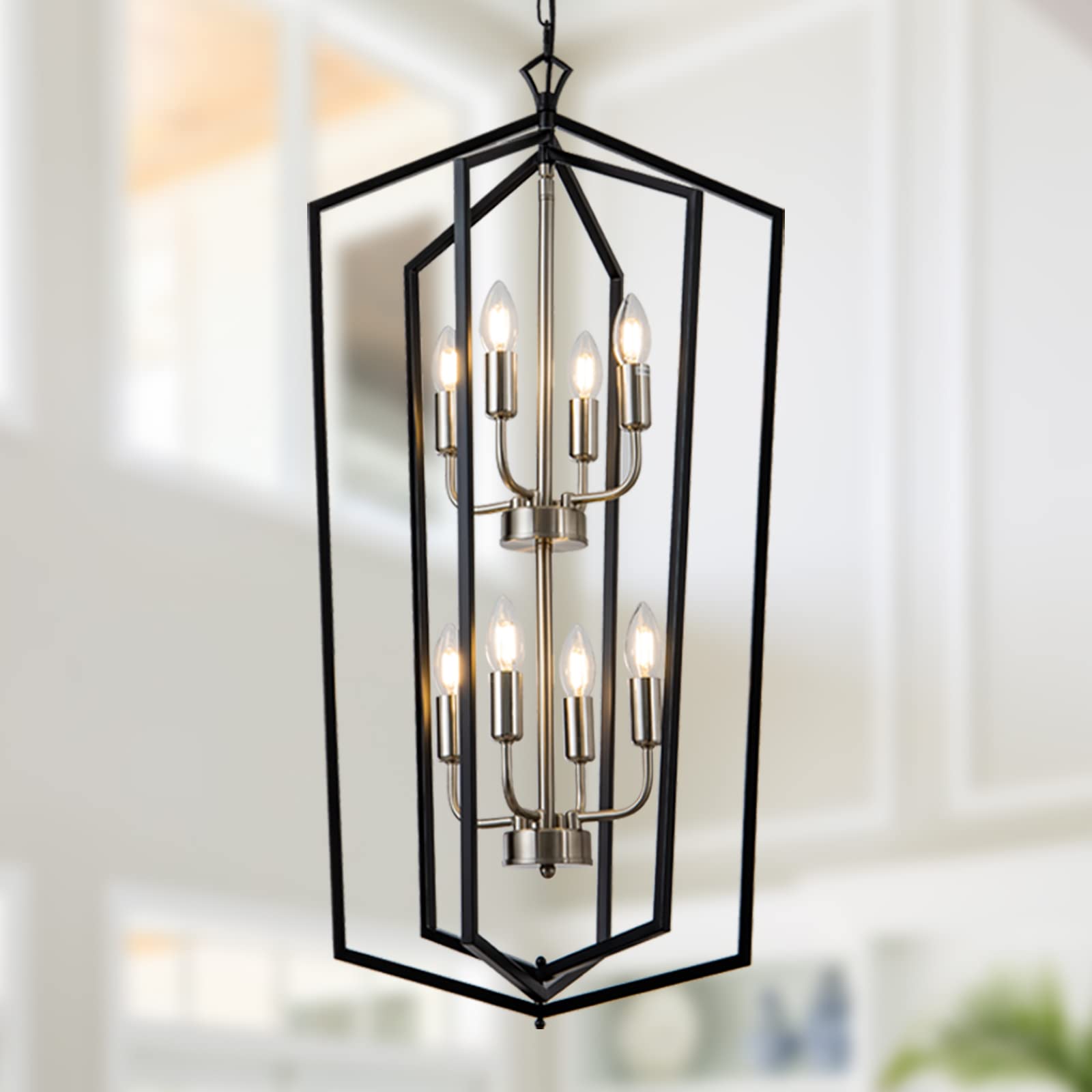 Lanhall 8-Light Metal Lantern Chandelier Pendant Light Fixture for Kitchen, Dining, Living Room - Black & Brushed Nickel, Model 500-100-1050