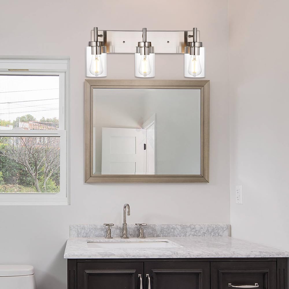 Vinluz Vanity Bathroom Light Fixture Brushed Nickel 3 Lights Modern Wall Sconce Lighting With Clear Glass Shade Vintage Rustic P