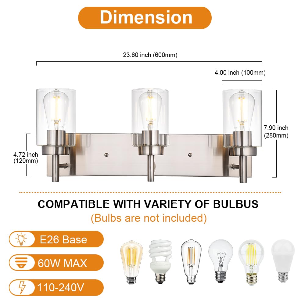 Vinluz Vanity Bathroom Light Fixture Brushed Nickel 3 Lights Modern Wall Sconce Lighting With Clear Glass Shade Vintage Rustic P