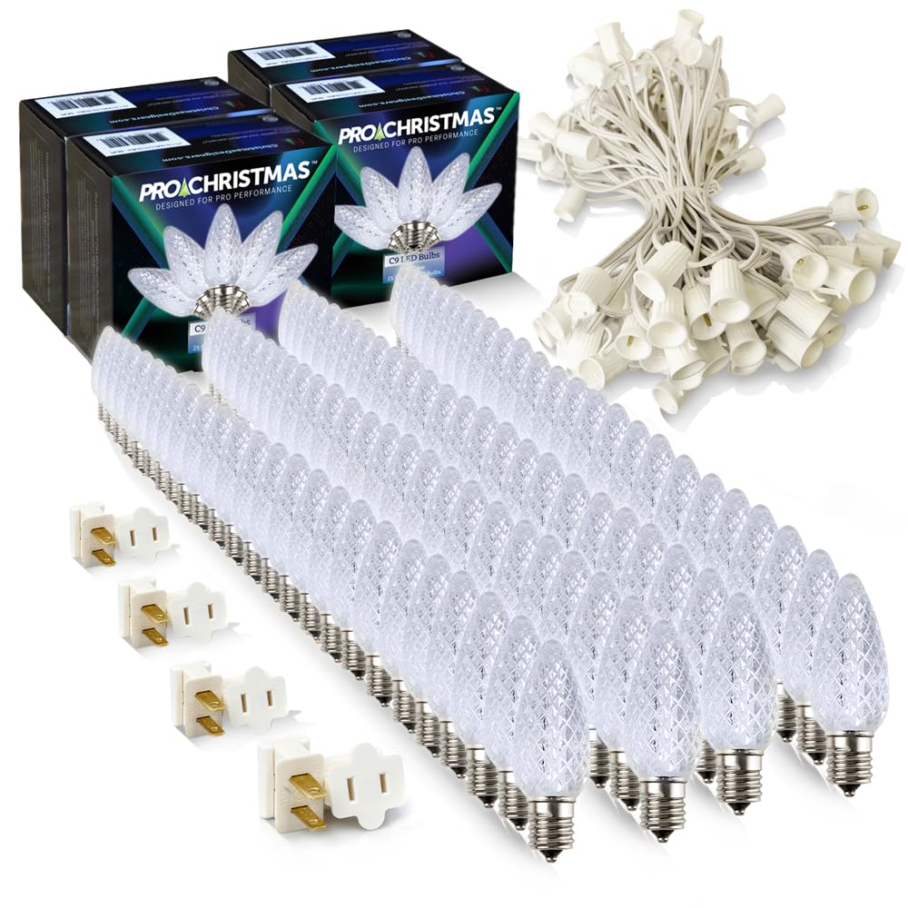Pro Christmas C9 LED Christmas Light Kit for Rooflines & Pathways - DIY Cut to Length  Outdoor Commercial Grade (White Wire w/Vampire Plugs  100 Bulbs  100 ft) Cool White