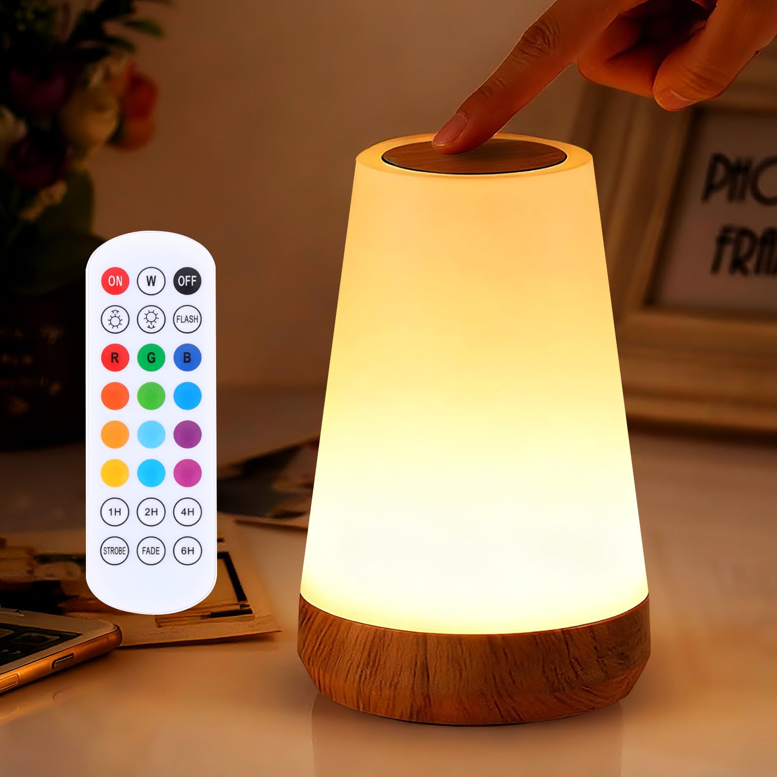 ZWOTNDT Night Light, Dimmable Touch Lamp and Remote Control, 13 RGB Colors & 5 Brightness, Rechargeable Bedside Table Lamp for B